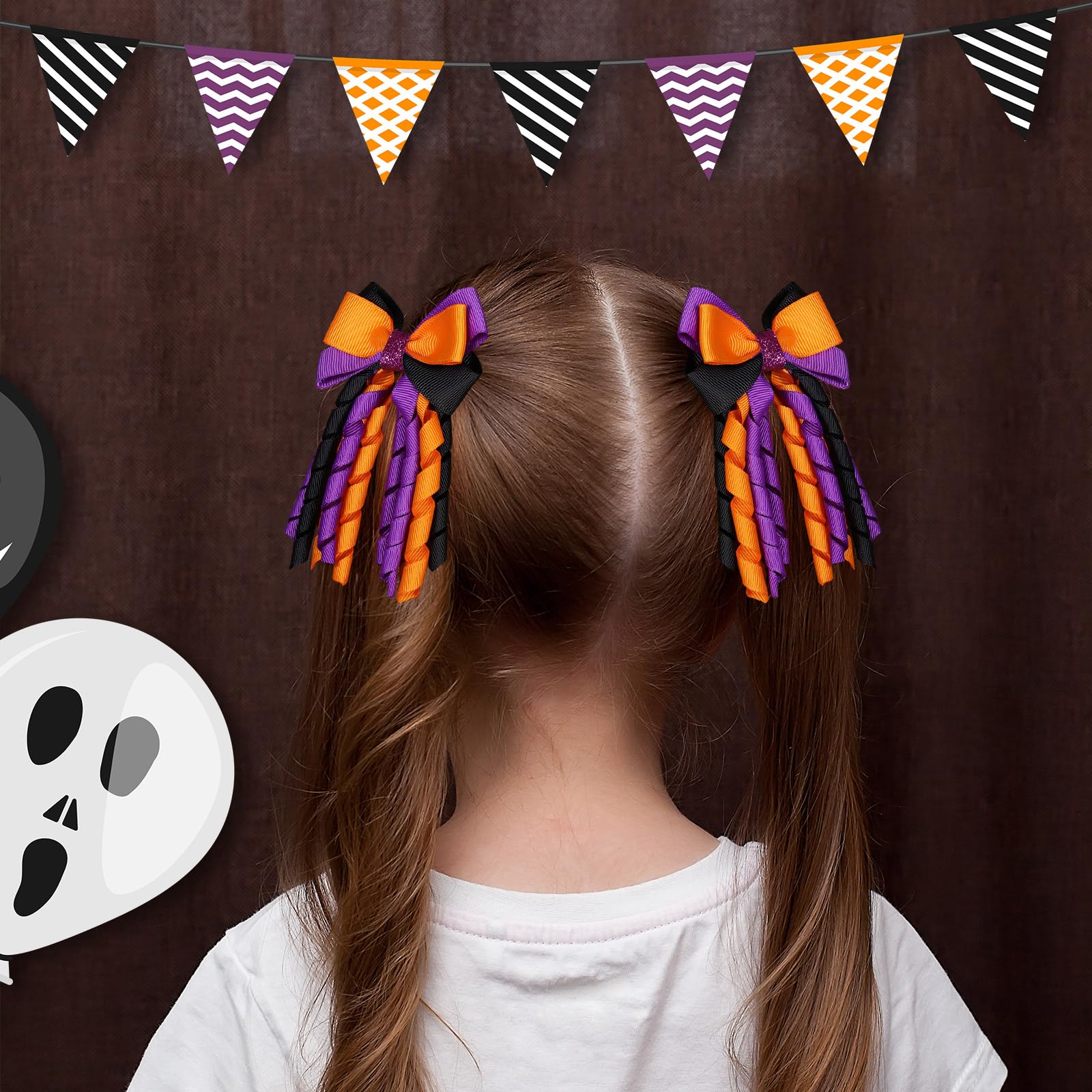 Halloween Hair Bow Clips 3 Inch - Handmade Curly Ribbon Hair Clips for Kids Girls - Trick or Treat Hair Accessories in Black, Orange & Purple - Perfect for Halloween Parties, Costumes & School Events