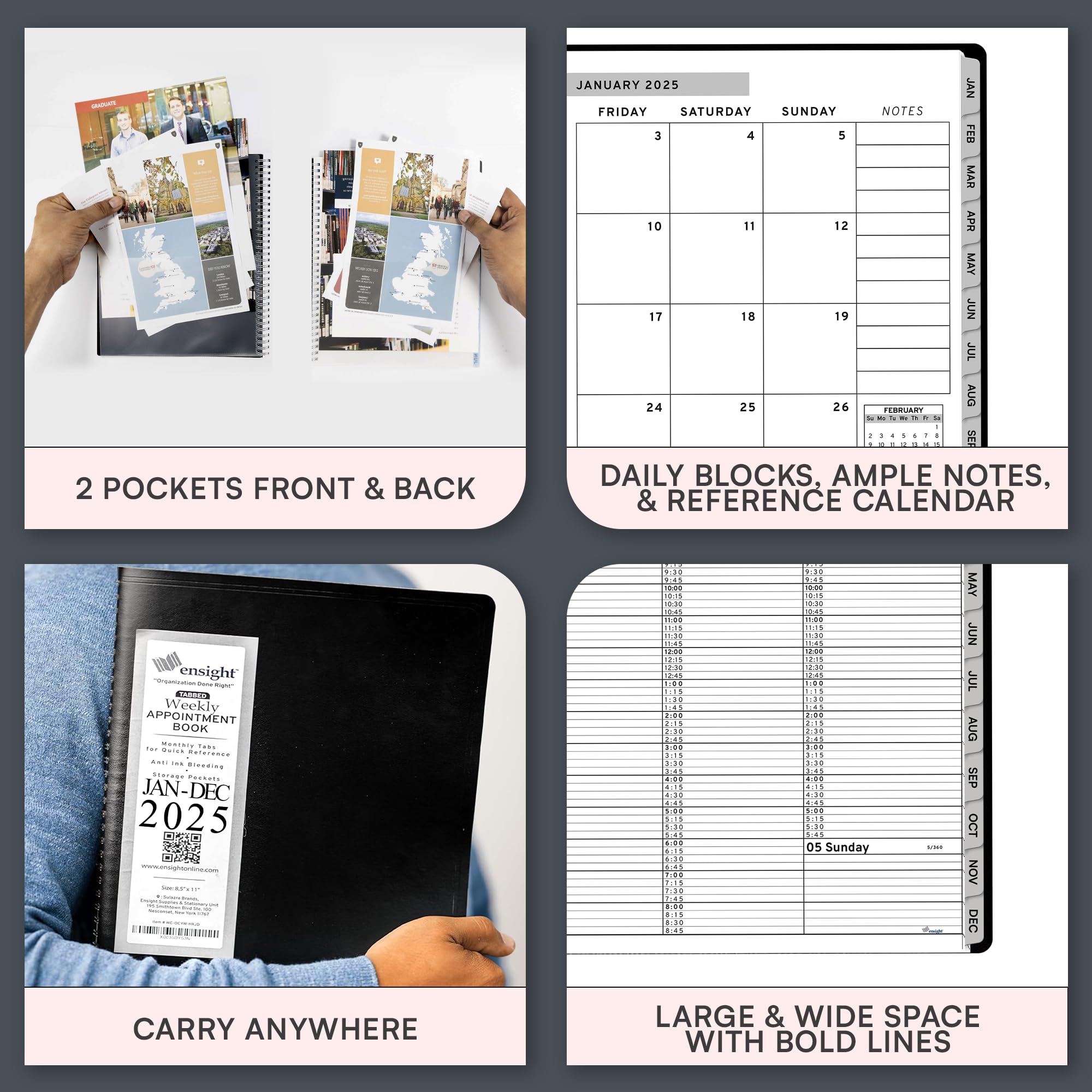 2025 Daily Planner with 15-Minute Time Slots - Large 8.5 x 11 Inch Tabbed Weekly & Monthly Organizer for Business & Personal Use - January to December 2025 Appointment Book - Perfect for Office, School, and Home Scheduling (Black)