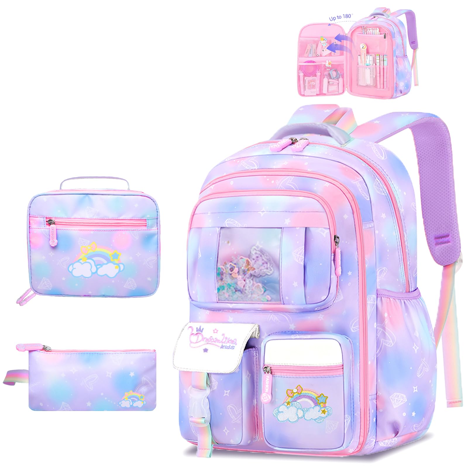 3Pcs Girls Backpack Set - Cute Rainbow School Backpack with Lunch Bag & Pen Case, Multi-Pocket Elementary Backpack for Preschool & Toddler (Purple) - Perfect for School, Travel & Daily Use