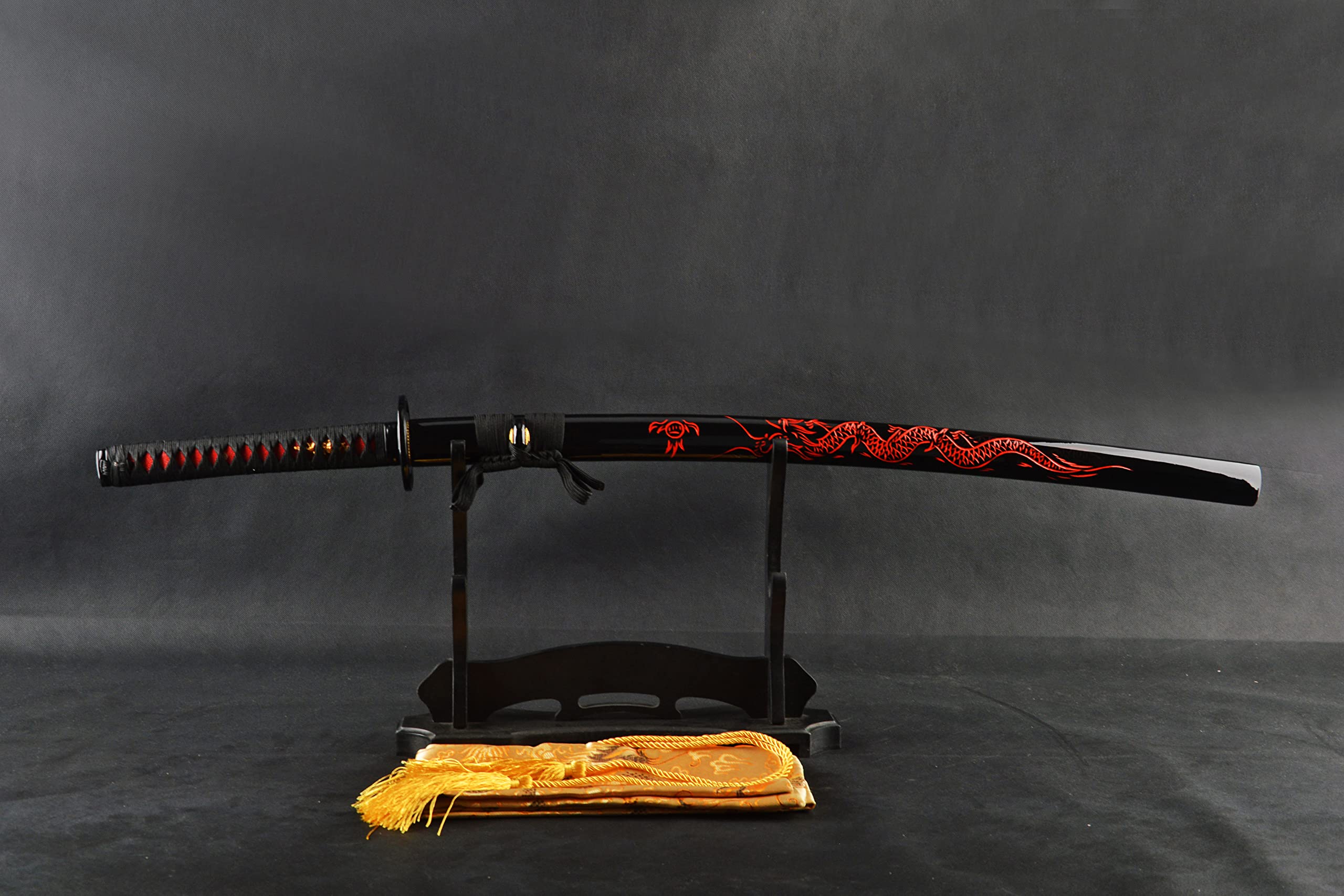 Handmade Damascus Steel Japanese Katana Sword - Red Dragon Engraved Saya - Authentic Folded Steel Blade - Perfect for Martial Arts Training, Cosplay & Collectors