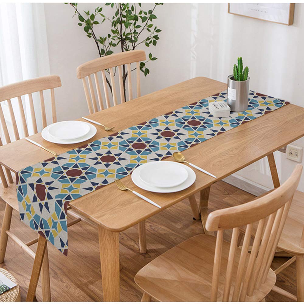 Swono Geometric Table Runner - Abstract Mosaic Pattern with Polygons & Stars, Cotton Linen Blend, Non-Slip Kitchen/Dining Table Decor (14x72 Inches) - Perfect for Coffee Tables, Tea Parties & Formal Dining Settings
