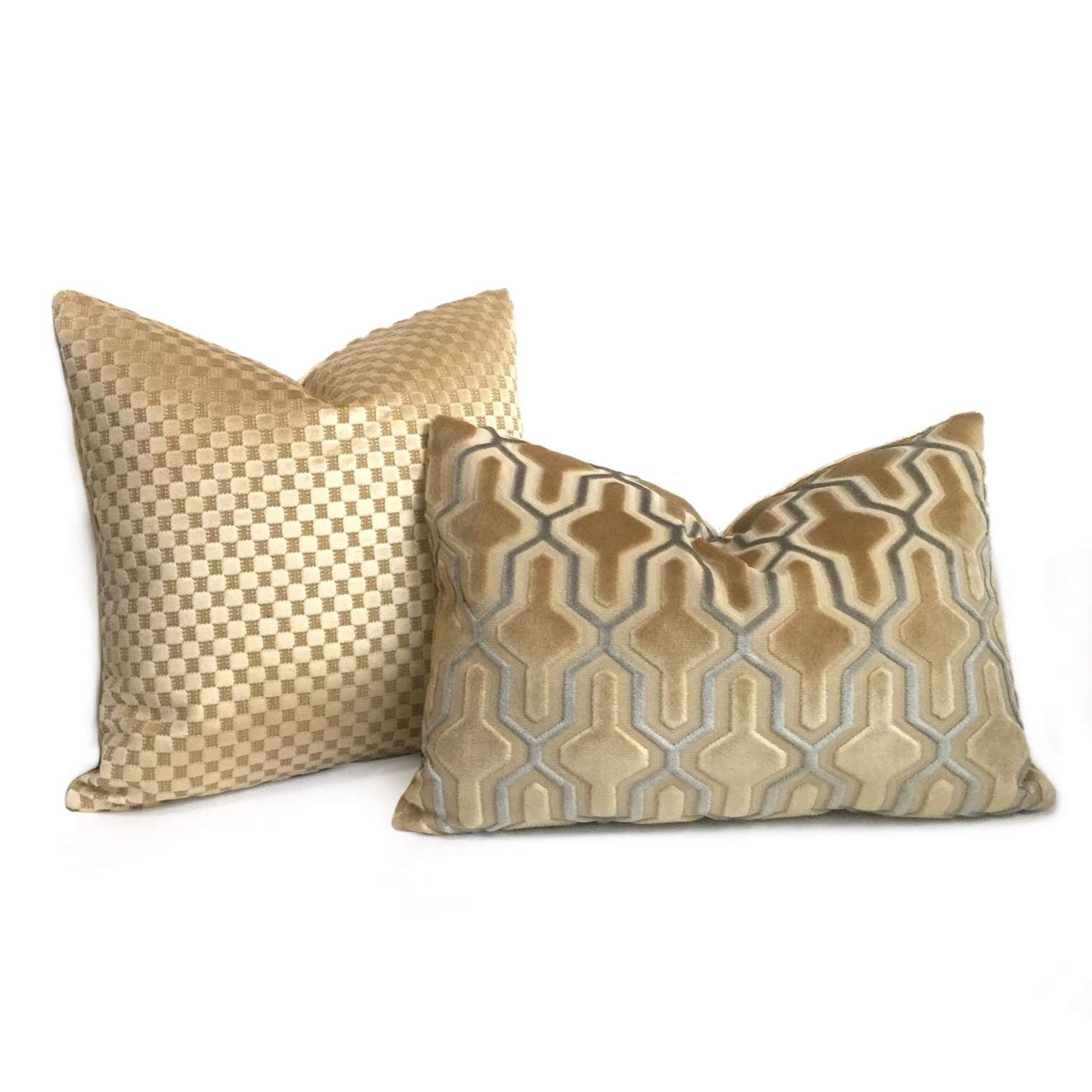 Robert Allen Camel Beige Checkered Box Cut Velvet Pillow Cover - Luxury Home Decor for Sofa, Bed & Living Room