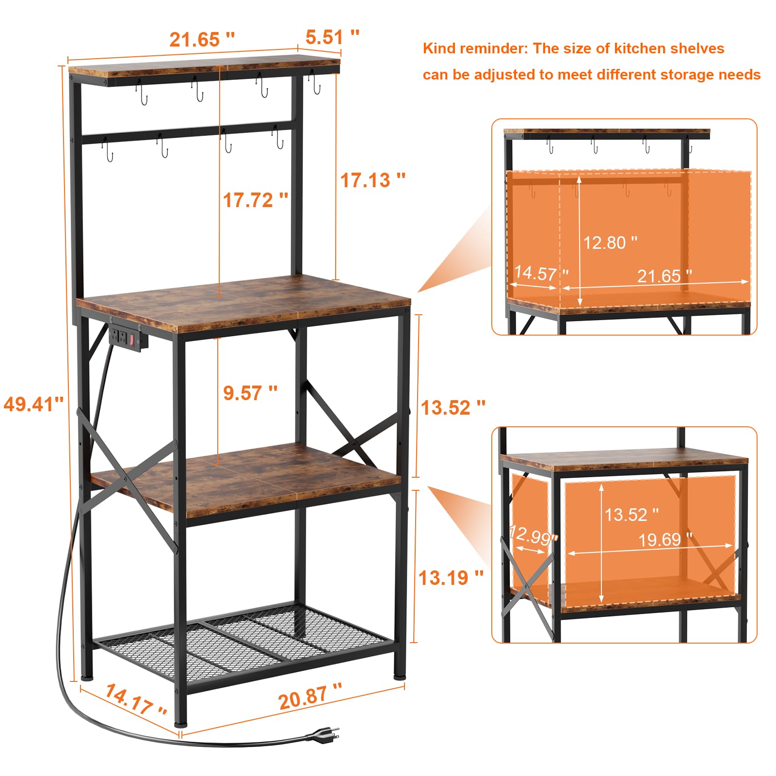 Rustic Brown 4-Tier Kitchen Bakers Rack with Adjustable Storage Shelves & 8 Hooks - Freestanding Microwave Stand, Coffee Bar Organizer - Perfect for Small Kitchens, Pantry Organization & Appliance Storage