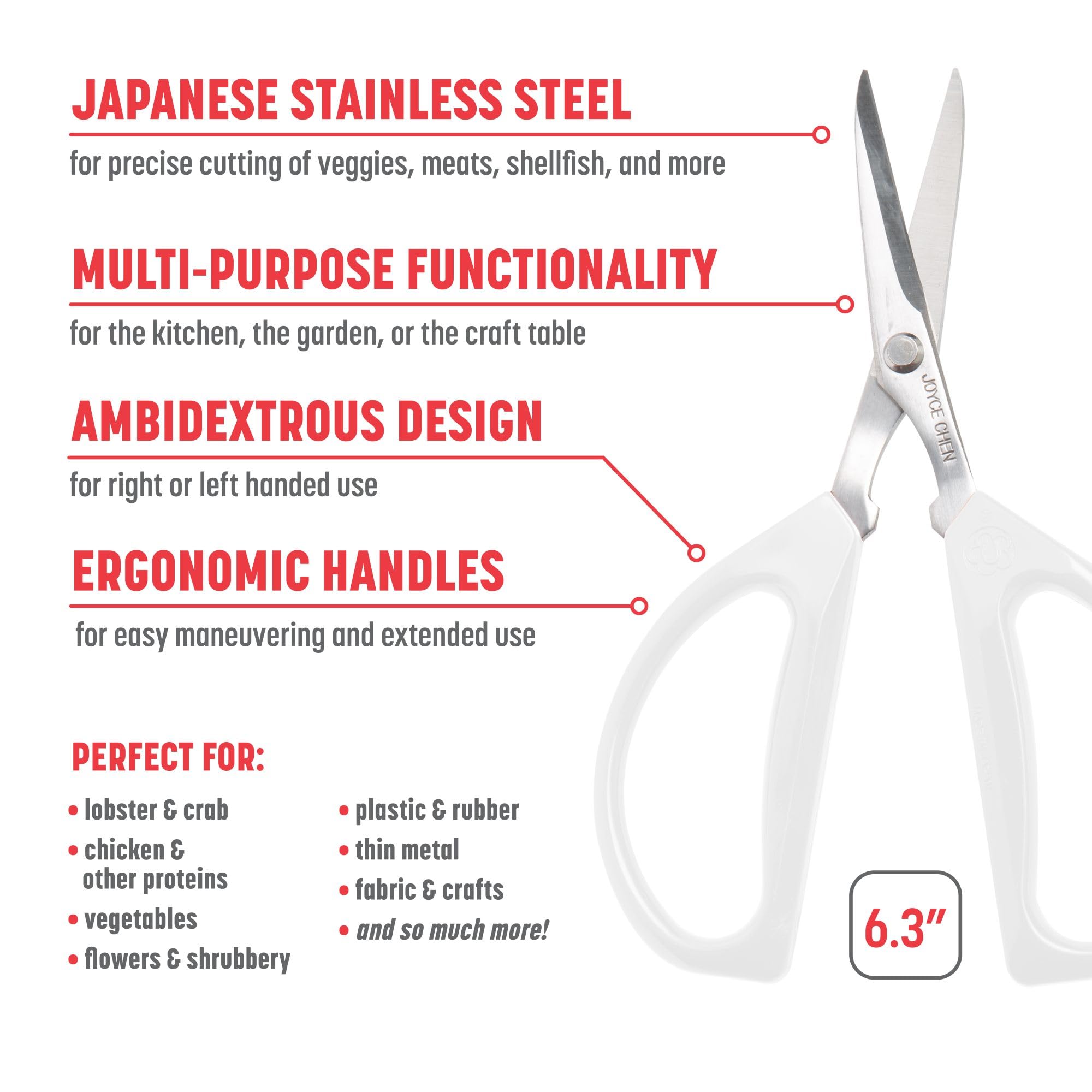 Joyce Chen Original Unlimited Kitchen Scissors - Heavy Duty Multi-Purpose Kitchen Shears with Ergonomic Comfort Grip - Perfect for Cutting Meat, Herbs, Poultry & Packaging - Dishwasher Safe White Kitchen Tool (2.0)