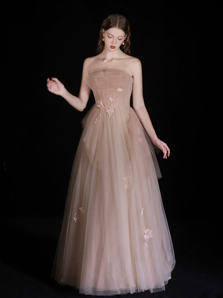 Elegant Champagne A-Line Tulle Long Prom Dress for Women - Formal Evening Gown for Homecoming, Ball & Special Occasions