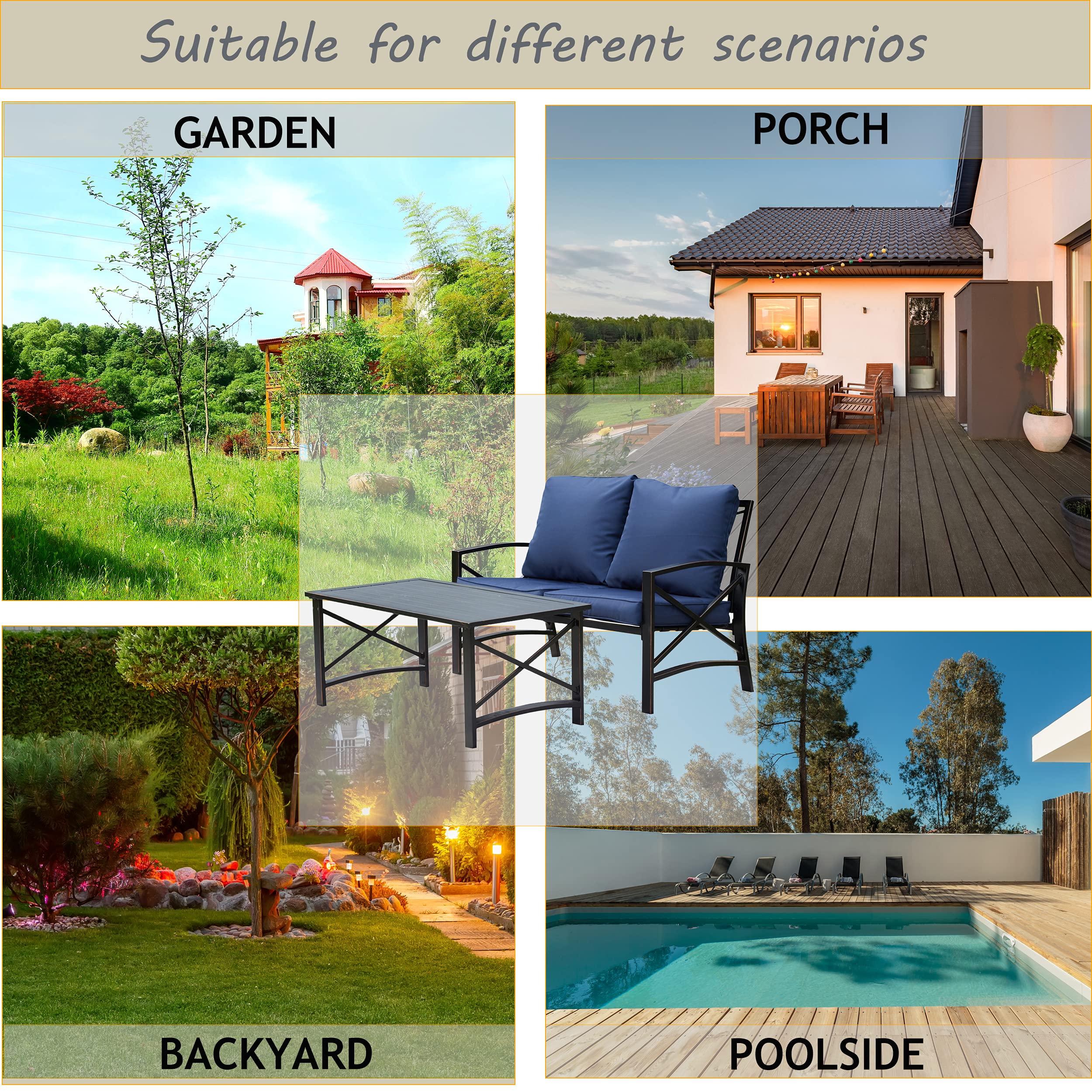 LOKATSE HOME 2-Piece Outdoor Loveseat Set with Cushions & Coffee Table - Durable Metal Patio Conversation Furniture in Blue - Perfect for Garden, Backyard, Poolside or Balcony Relaxation