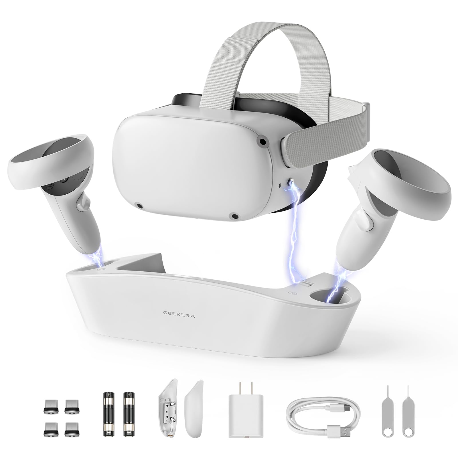 GEEKERA Magnetic Charging Dock for Oculus Quest 2 & Meta Quest 2 VR Headset & Controllers - Fast USB-C Charging Station with 2 Rechargeable Batteries | Perfect VR Gaming Accessories for Home Entertainment & Immersive Experience