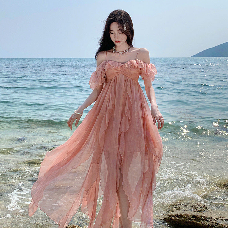 Elegant French Fairy Ruffles Long Dress - Off Shoulder Thin Strap Summer Maxi Dress for Women | Perfect for Beach Vacations, Weddings & Date Nights