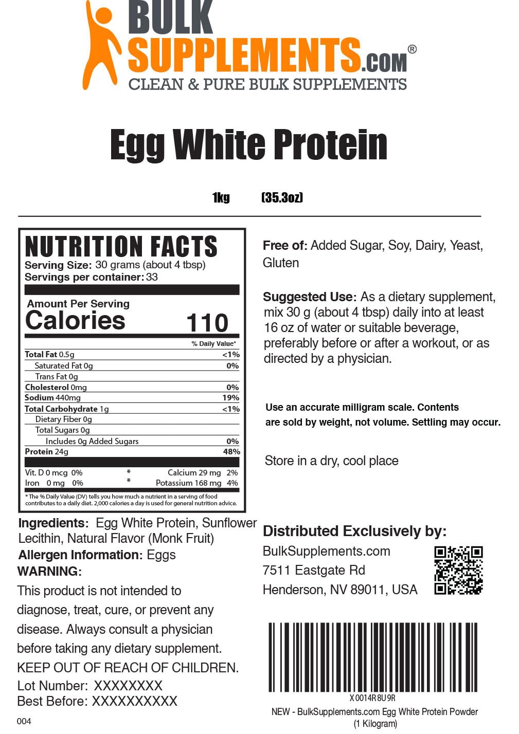 BulkSupplements Pure Egg White Protein Powder - Lactose Free, Unflavored, Dairy Free Protein Supplement - 30g per Serving, 1kg (2.2 lbs) - Ideal for Baking, Smoothies & Post-Workout Recovery