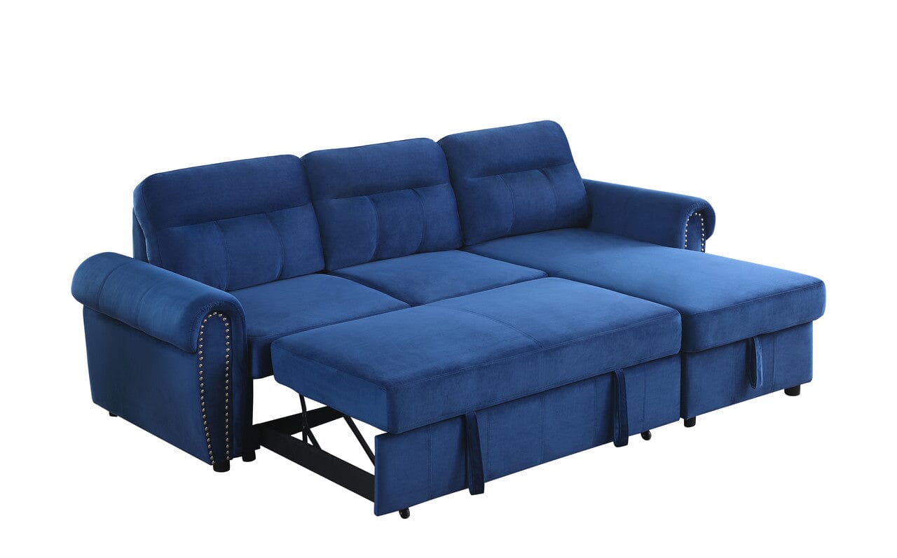 Ashton Blue Velvet Reversible Sectional Sofa with Chaise Lounge - Modern Reversible Sleeper Sofa for Living Room, Home Theater & Guest Room