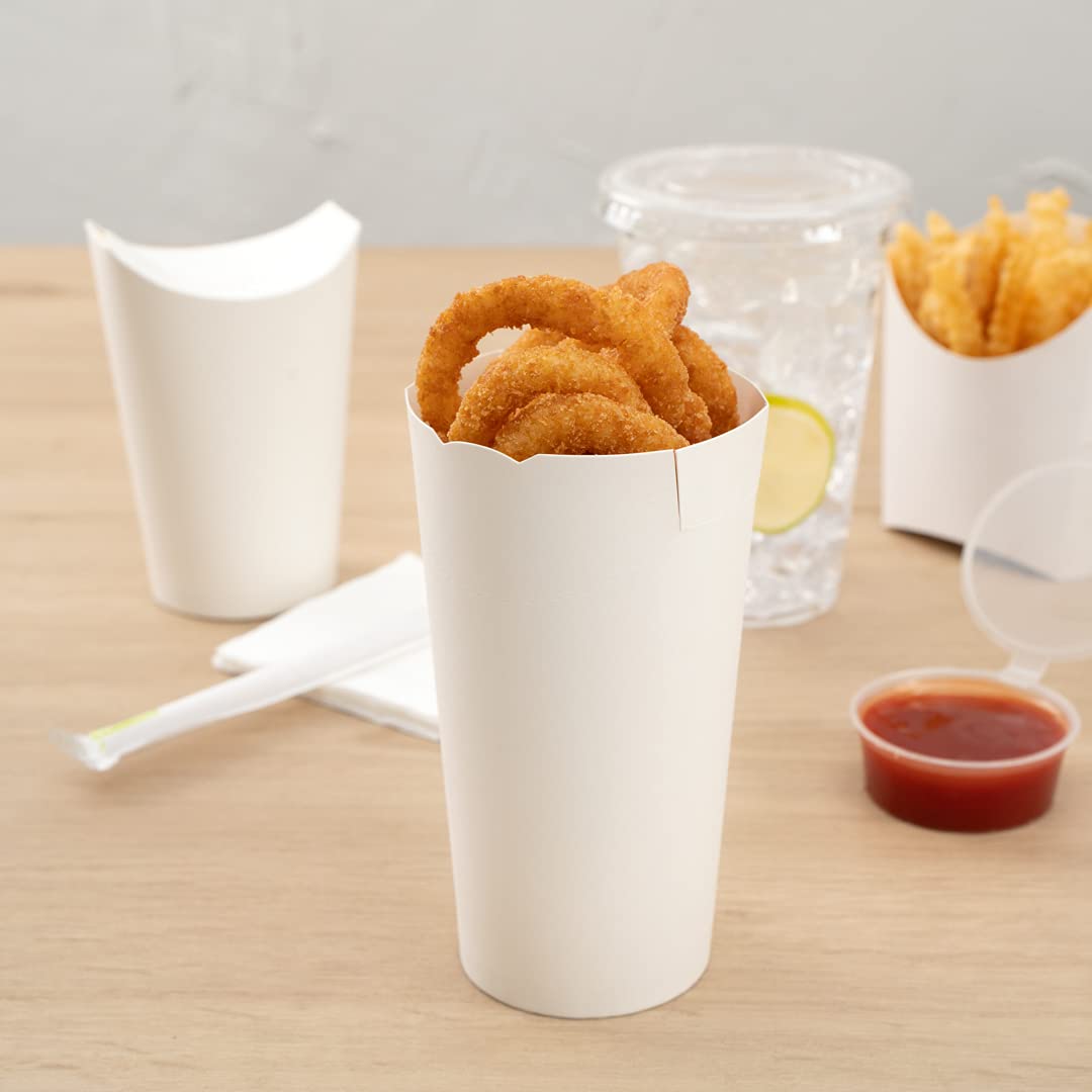 Restaurantware Bio Tek 20oz Disposable French Fry Cups - 100 Pack White Paper Containers with Fold-Down Cover & Lock Tab | Eco-Friendly Fast Food Holders for Fries, Onion Rings, Chips & Popcorn | Perfect for Movie Nights, Parties & Food Truck Service