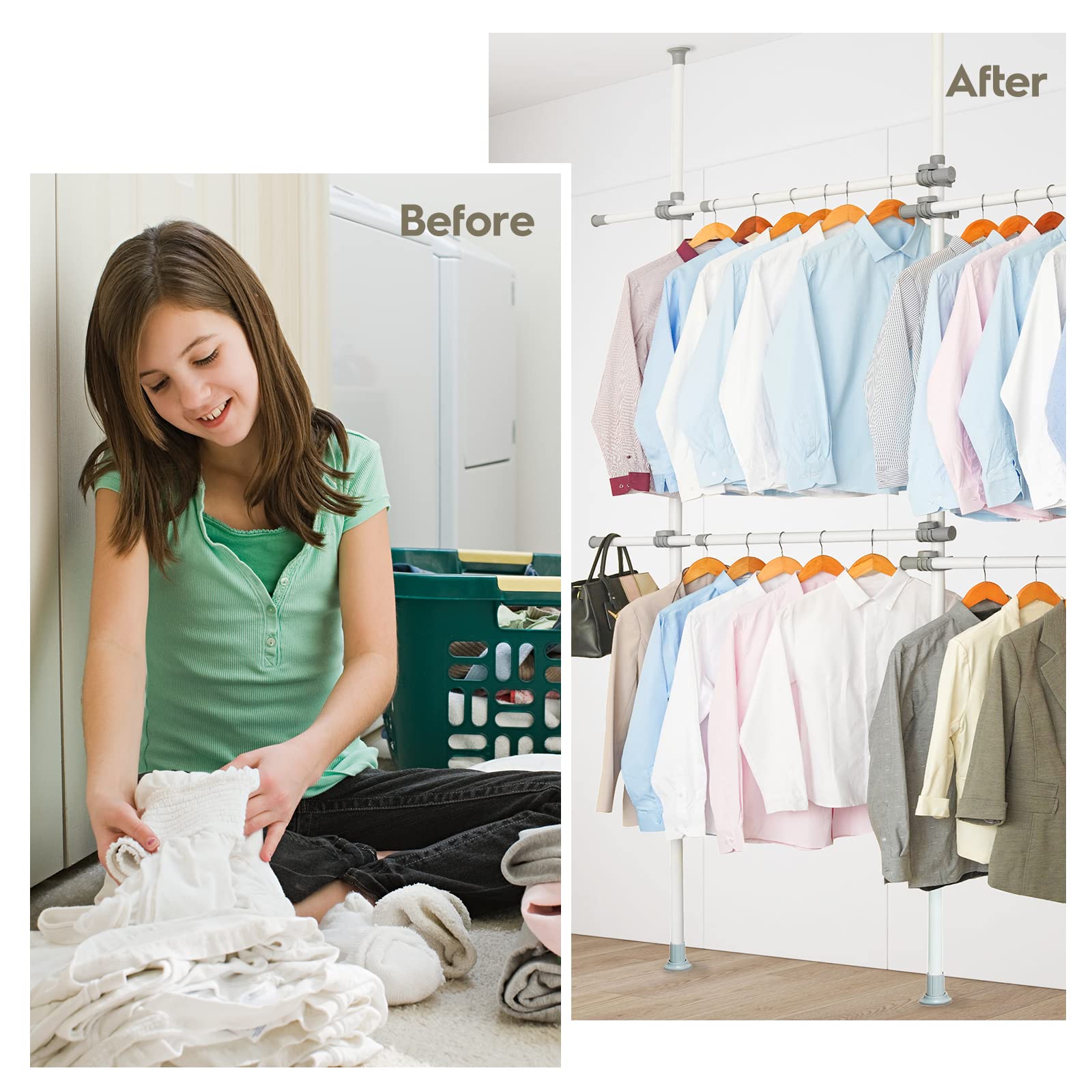 Double Clothing Rack - Adjustable Heavy Duty Garment Rack with 2 Tiers, Freestanding Closet Organizer for Bedroom, Laundry Room or Closet Storage - White