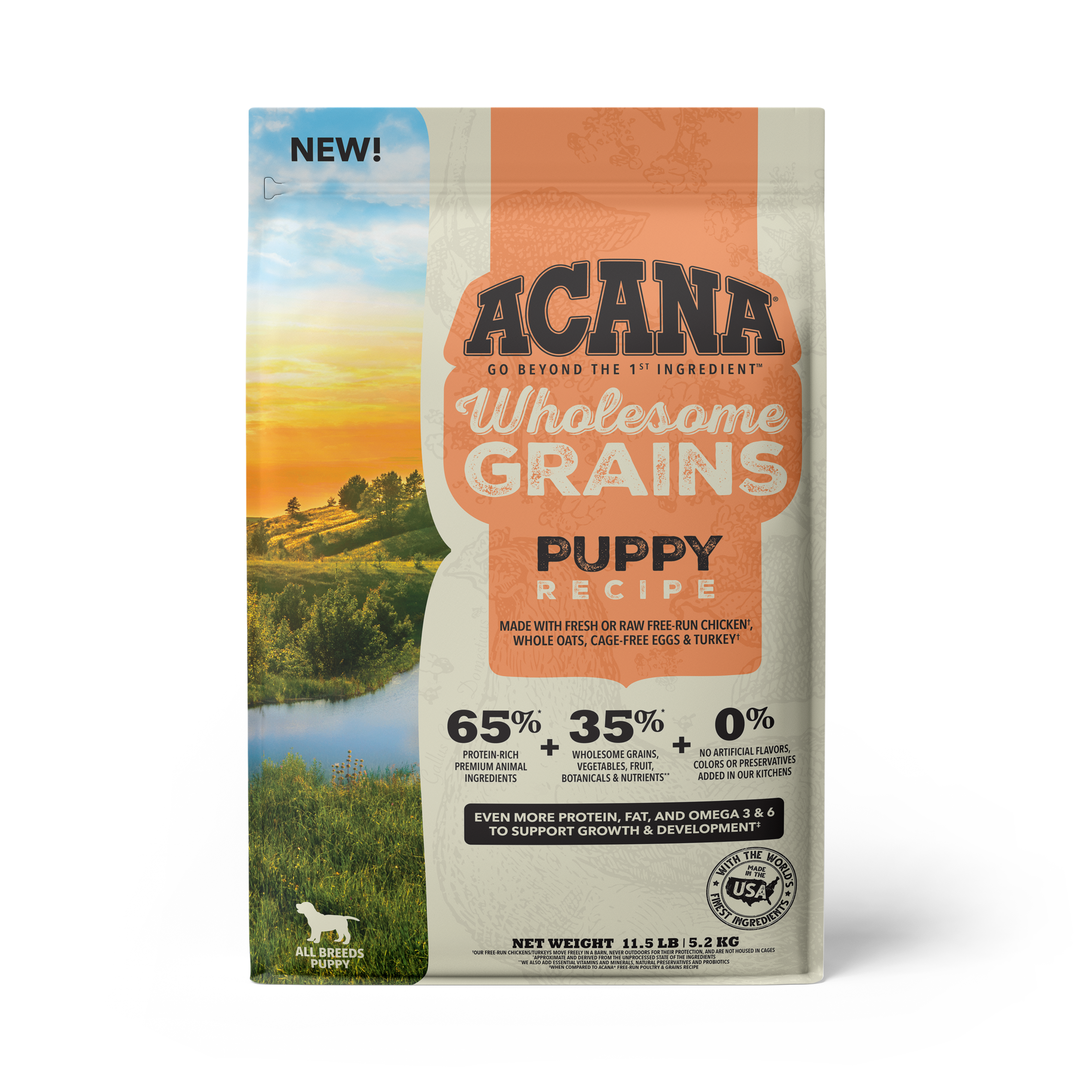 Acana Puppy Recipe Dry Dog Food with 60% Wholesome Grains - High Protein Grain-Inclusive Kibble for Growing Puppies | Perfect for Small & Medium Breed Puppy Nutrition at Home or Travel