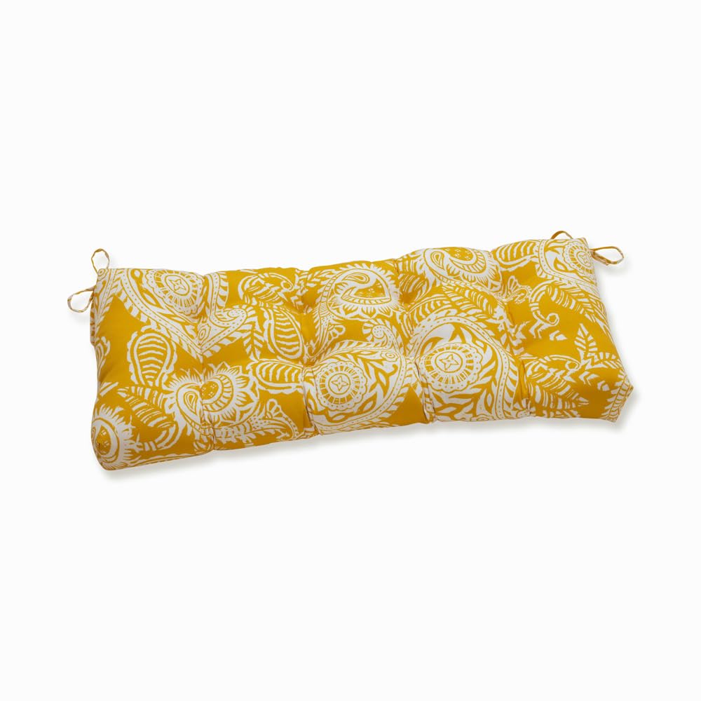 Pillow Perfect Paisley Indoor/Outdoor Cushion for Sofa, Settee, Bench & Swing - 18x44 Inch Weatherproof & Fade-Resistant Tufted Pillow with Ties - Yellow/Ivory Addie Pattern - Perfect for Patio, Porch & Garden Furniture