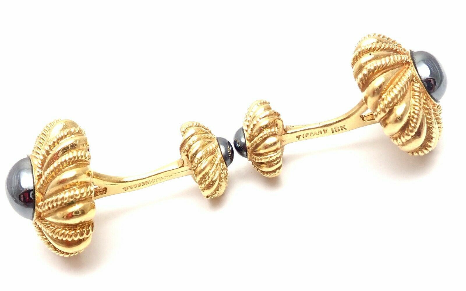 Authentic Tiffany & Co Jean Schlumberger 18k Yellow Gold Hematite Cufflinks for Men - Luxury Dress Shirt Accessories for Weddings & Formal Events