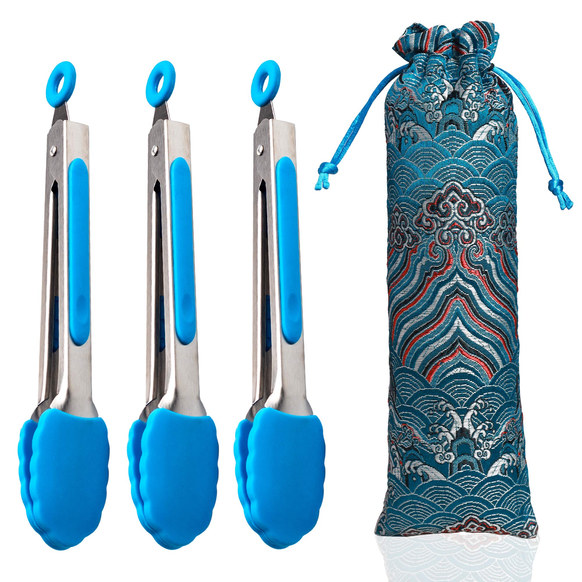 3-Piece Silicone-Tipped Stainless Steel Kitchen Tongs Set - 7-Inch Heat-Resistant Cooking Tongs with Locking Mechanism for Grilling, BBQ, Serving & Food Prep | Perfect for Non-Stick Cooking, Salad Tossing & Outdoor Dining