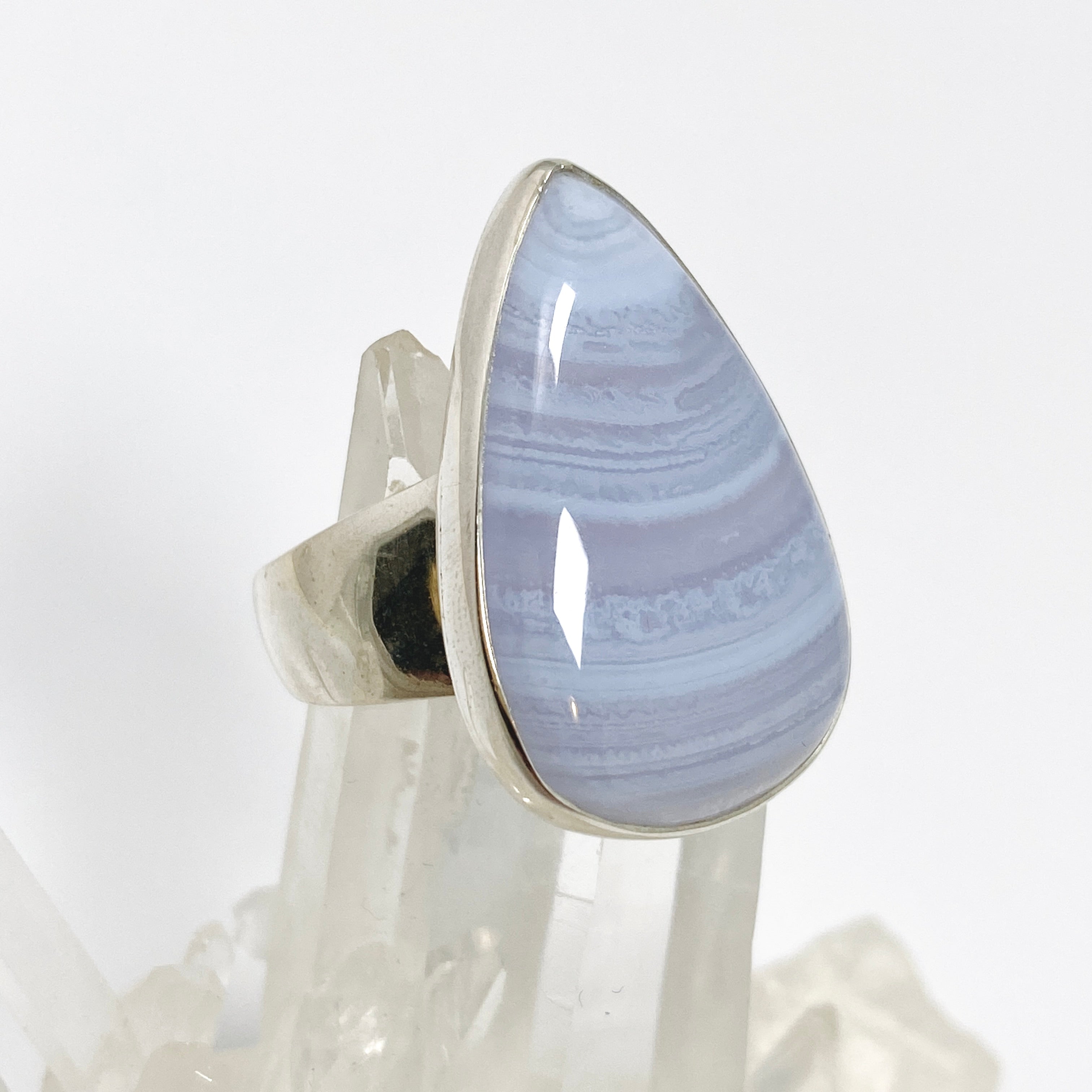 Blue Lace Agate Teardrop Cabochon Ring - Size 11 - KRGJ3380 - Elegant Handmade Jewelry for Women, Perfect for Weddings, Parties & Special Occasions