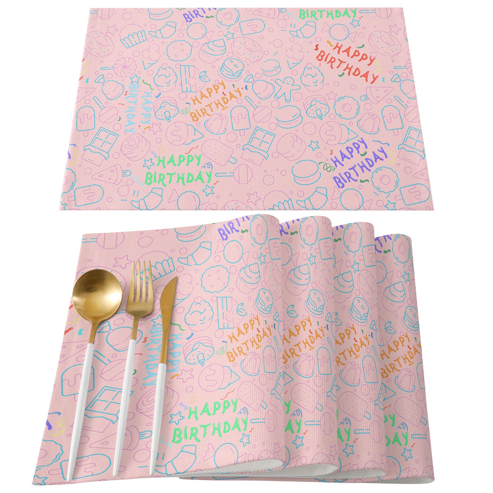 Happy Birthday Placemats Set of 4 - 13x19 Inch Pink Dining Table Mats, Heat Resistant & Washable Kitchen Decor for Parties, Celebrations & Everyday Use