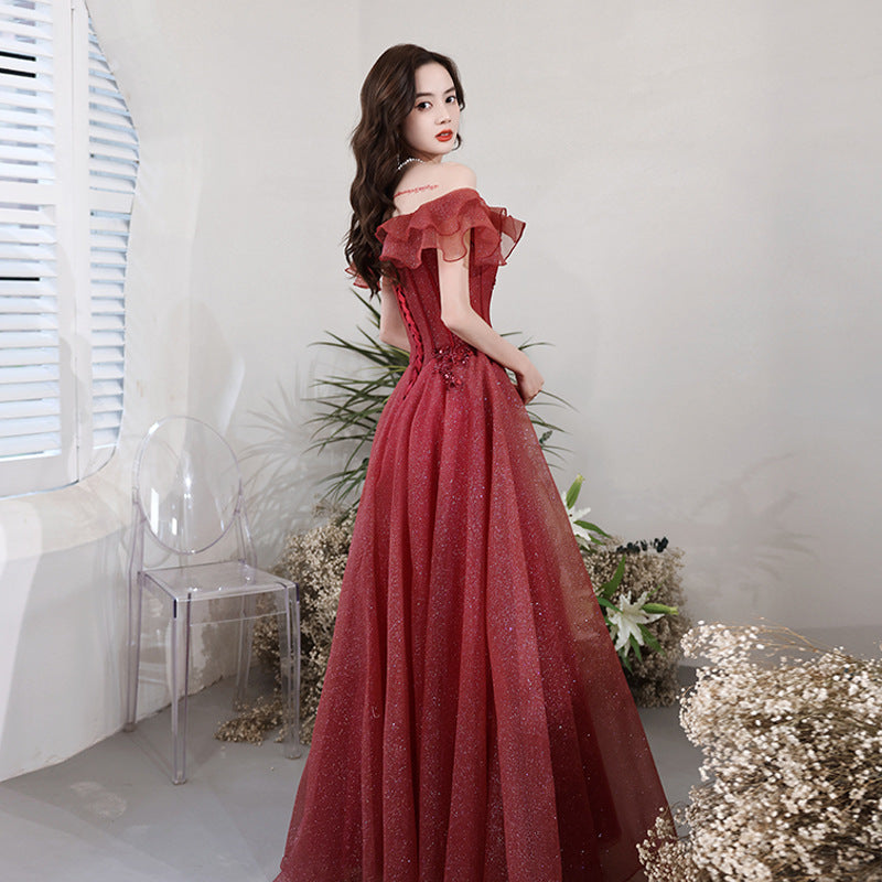 Elegant Off Shoulder A-Line Shiny Burgundy Prom Dress for Formal Evening Party & Homecoming - Perfect for Prom Night, Wedding Guest & Special Occasions