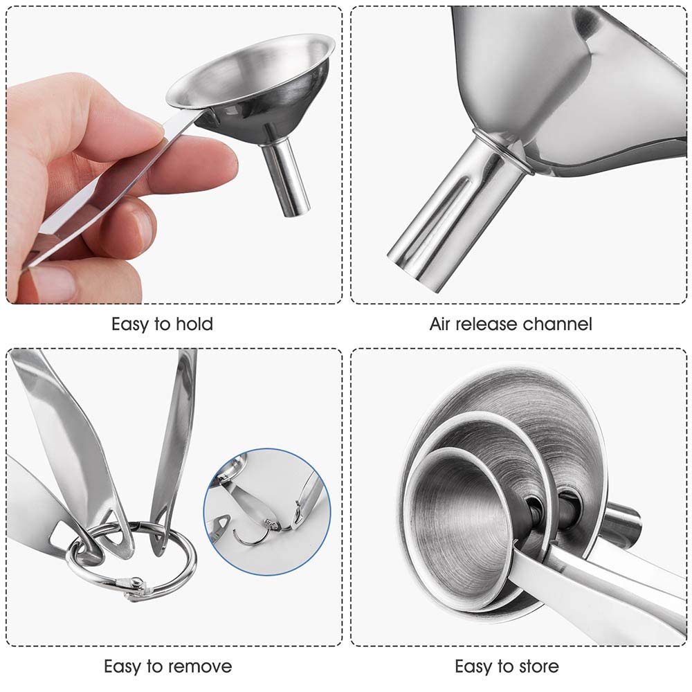 Premium 3-in-1 Stainless Steel Kitchen Funnel Set - Food Grade Metal Funnels for Bottles, Essential Oils, Spices & Liquids | Small, Mini & Medium Sizes for Cooking, Baking, DIY & Home Brewing