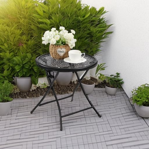 TeoKJ Folding Outdoor Side Table - Rust-Resistant Round Metal Patio Table with Floral Cutouts for Porch, Yard, Balcony, Deck & Lawn - Perfect for Outdoor Dining, BBQ Parties & Relaxing in Black