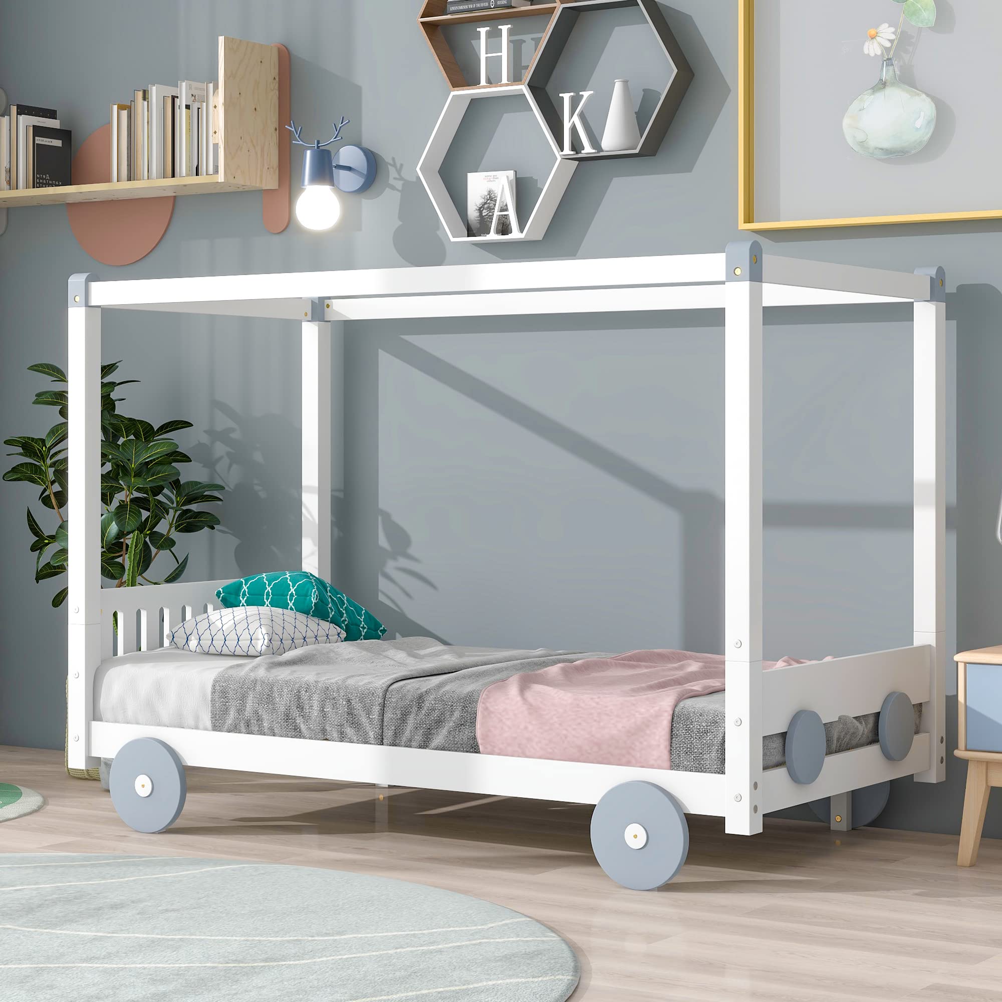 **White Twin Size Car-Shaped Canopy Bed for Kids - Wooden Platform Bed Frame with Slats Support - Perfect for Toddlers, Girls & Juniors - Ideal for Bedrooms, Playrooms & Themed Kids' Rooms**