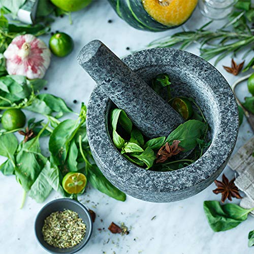SQINAA Vintage Marble Granite Mortar and Pestle Set - Manual Spice Grinder, Garlic Crusher, Herb Masher for Kitchen - Perfect for Grinding Spices, Crushing Garlic, and Making Pesto & Guacamole