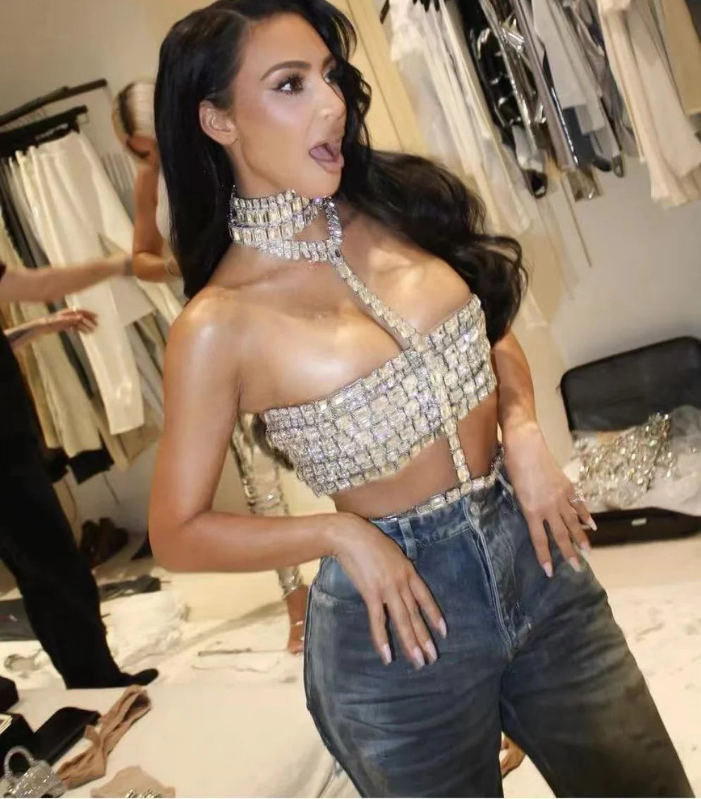 Celebrity-Inspired Red Carpet Halter Top for Women - Sparkling Crystal Party Tank Top for Nightclub, TV Shows & Special Events | High-Quality Sexy Evening Wear for Glamorous Occasions