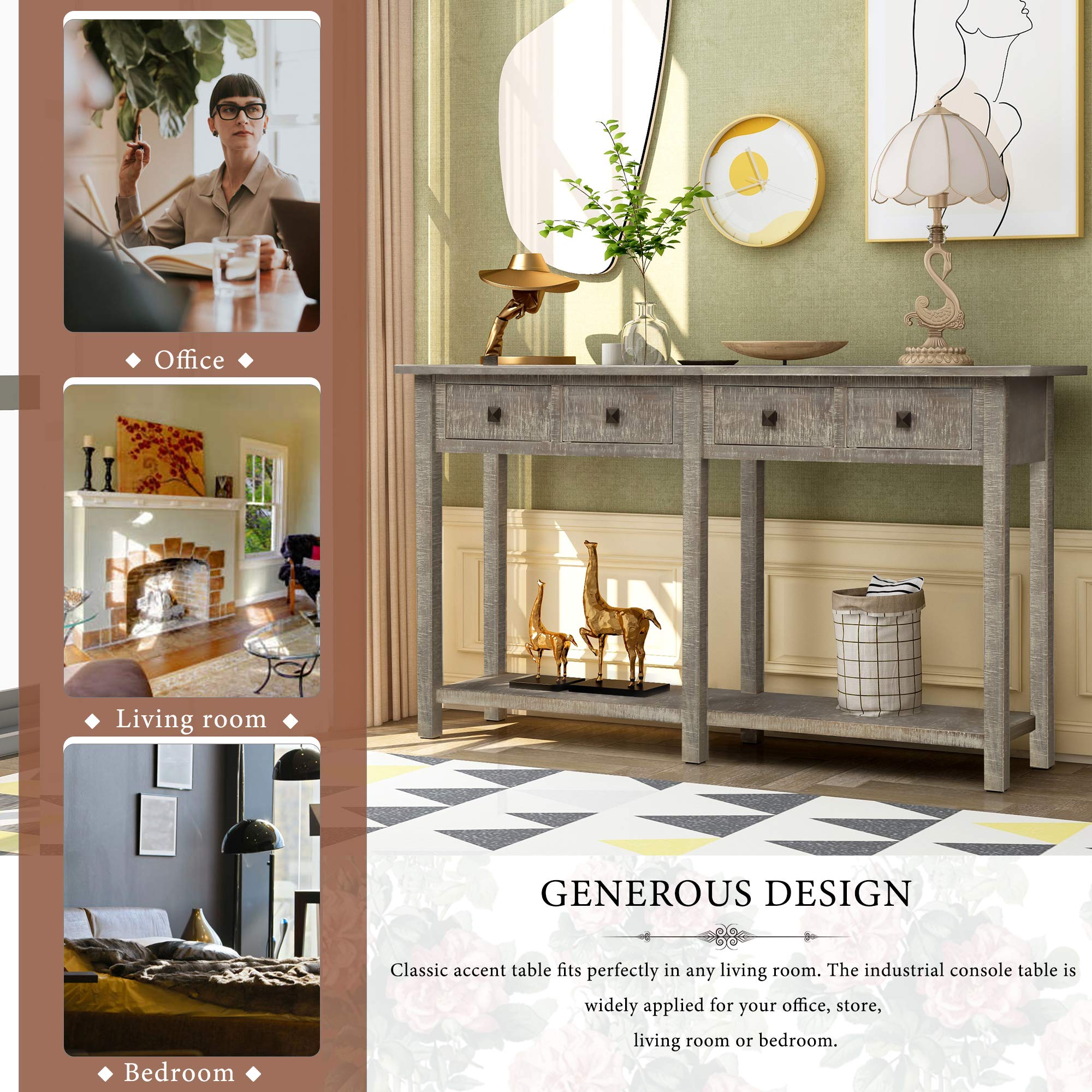 Grey Wash Entryway Console Table with 4 Drawers & Storage Shelf - Sofa Table for Living Room, Hallway & Foyer - Perfect for Home Decor, Entry Organization & Small Space Storage