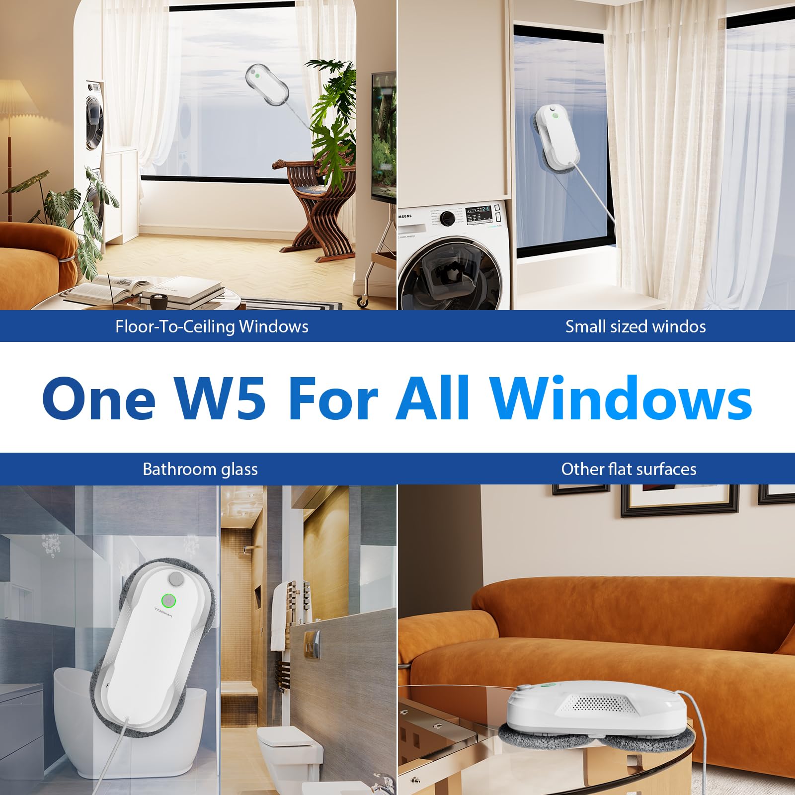 Tosima W5 Smart Window Cleaning Robot - Auto-Spray, Triple Safety System & Smart Navigation | Remote Control Window Cleaner for Glass & Smooth Surfaces | Includes 8 Microfiber Pads | Perfect for High-Rise Windows, Skylights & Glass Doors (White)