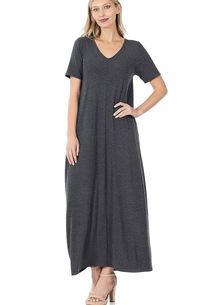 Emma Women's V-Neck Short Sleeve Maxi Dress with Pockets - Flowy Summer Beach Dress (S-XXXL) | Perfect for Vacations, Weddings & Casual Outings