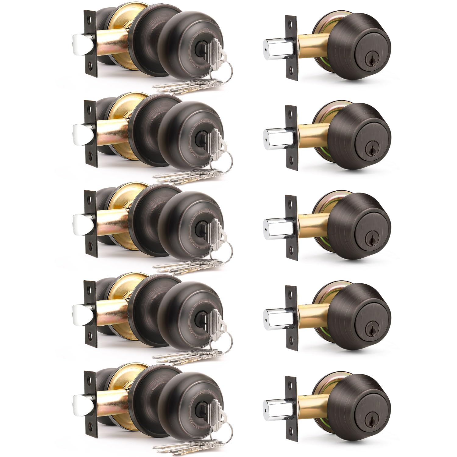 5 Pack Keyed Alike Front Door Knob and Deadbolt Set - Single Cylinder Deadbolt Entry Door Locksets in Oil Rubbed Bronze - Flat Round Door Lock for Bedroom, Office & Exterior Doors - Secure Your Home, Business or Rental Property