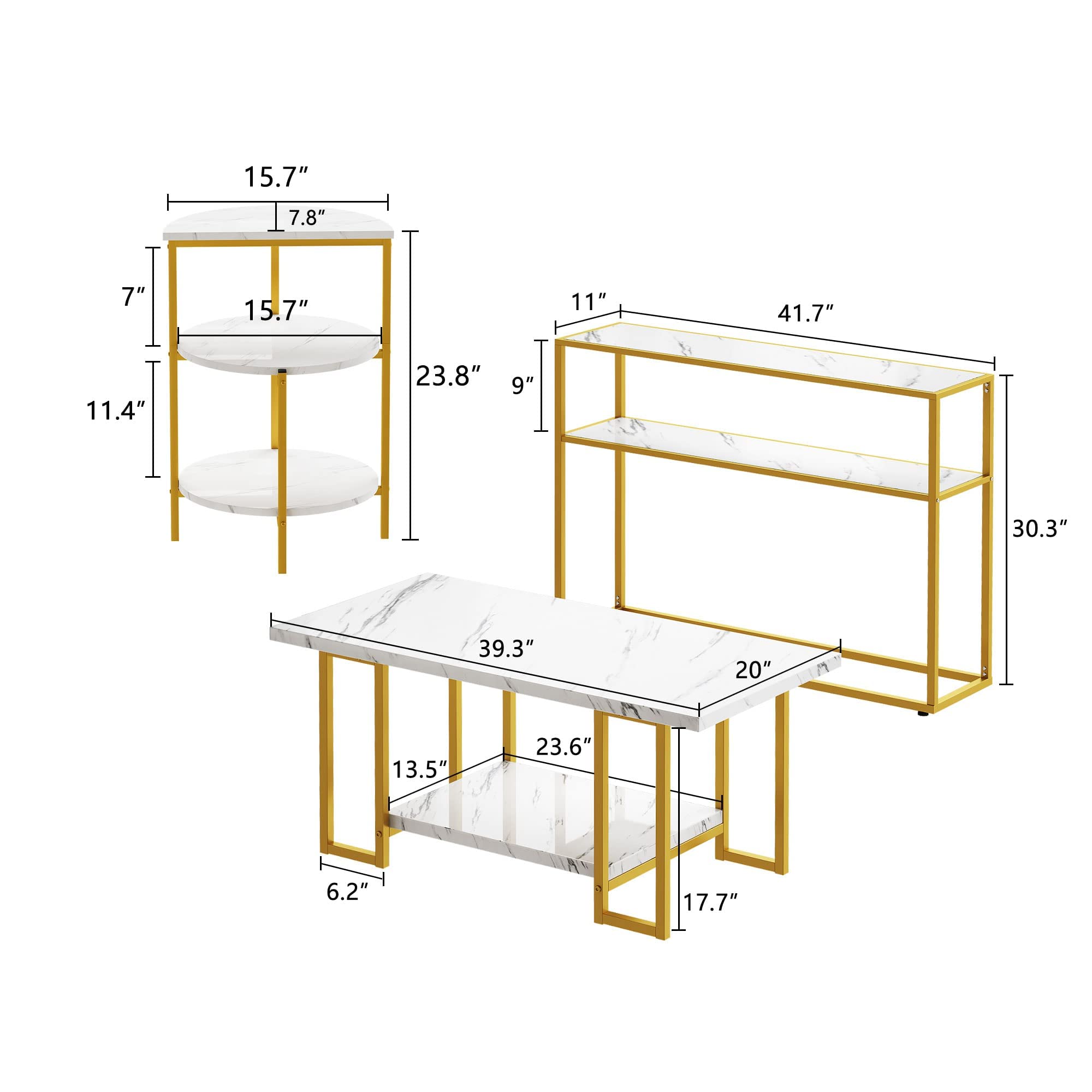 MIERES 3-Piece Faux Marble Coffee Table Set - Modern Living Room Furniture with Semicircle End Table & Sofa Side Console Table, Storage Shelves & Sturdy Metal Frame, White & Gold - Perfect for Small Spaces, Apartments & Cozy Home Decor