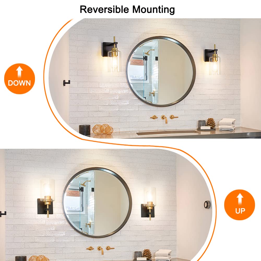 Black Gold Wall Sconces Set of 2 - Modern Glass Bathroom Lighting for Bedroom Living Room