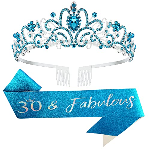 Blue 30 & Fabulous Birthday Sash and Tiara Set for Women - 30th Birthday Party Decorations & Gifts for Her - Perfect for Milestone Celebrations, Bachelorette Parties & Photo Shoots