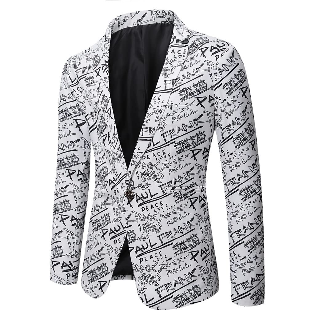 CCBUY Men's Slim Fit Casual Blazer Jacket - Elegant Letter Print Wedding Suit for Formal & Business Occasions (White, 3XL)