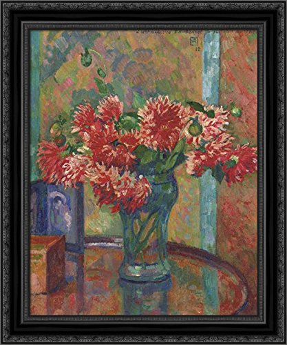 Theo van Rysselberghe - Dahlias (to Mme Madeleine E.R Bonnet) 24x20 Black Ornate Wood Framed Canvas Art Print - Floral Wall Decor for Living Room, Bedroom & Office