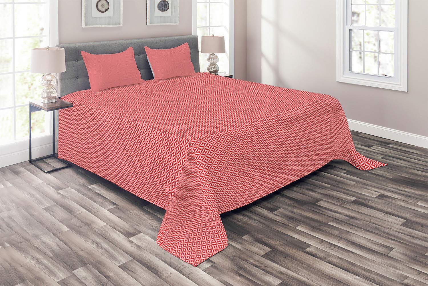 Ambesonne Abstract King Size Quilted Bedspread Set - 3 Piece Geometric Pattern Coverlet with 2 Pillow Shams, Monochromatic Square Design in Vermilion & White | Modern Bedroom Decor for Master & Guest Rooms