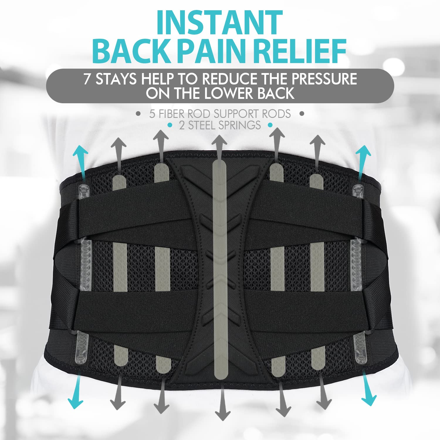 Premium Back Brace for Lower Back Pain Relief - Adjustable Lumbar Support Belt with 7 Stays for Men & Women - Sciatica, Herniated Disc & Scoliosis Support - Waist Size 53.1