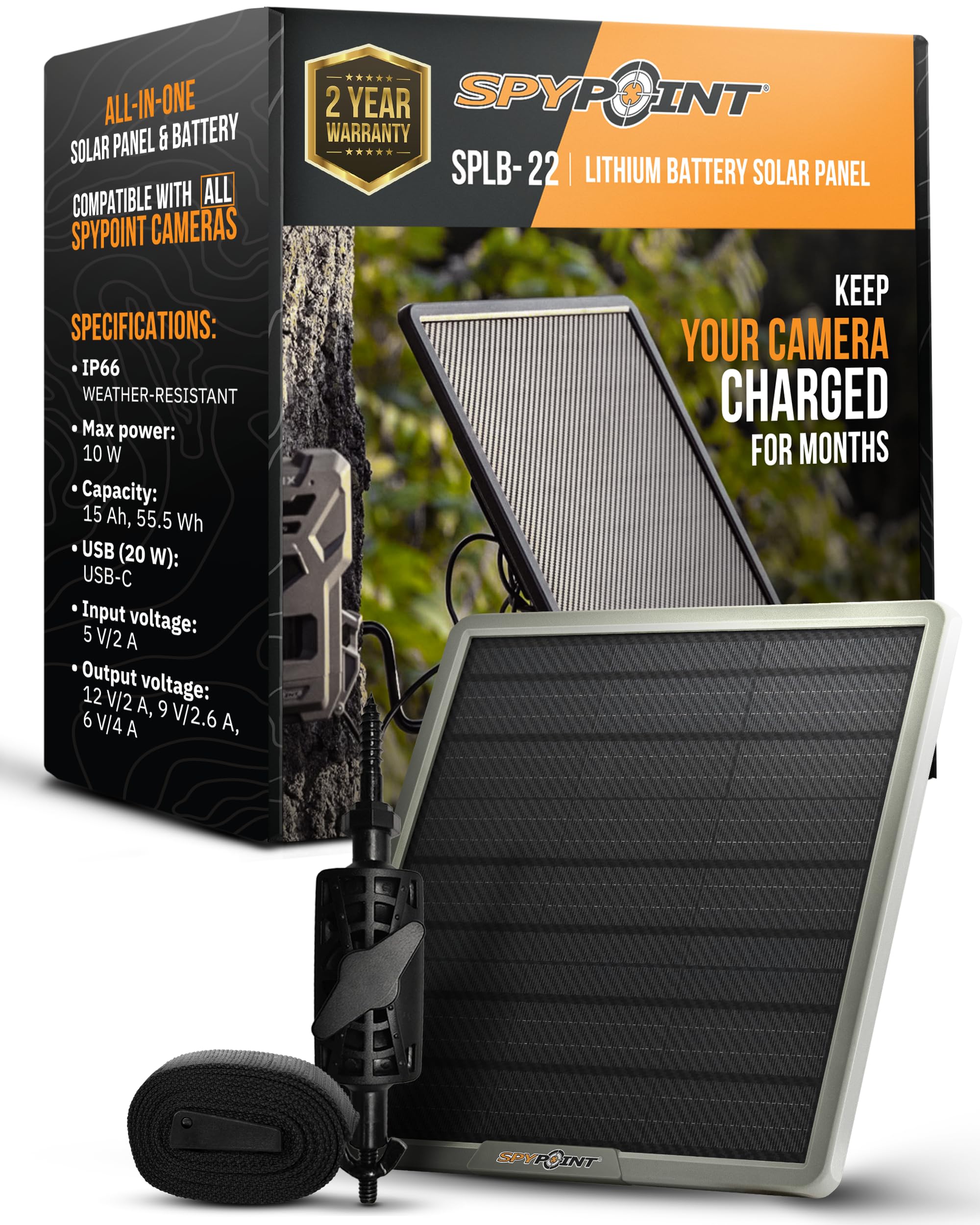 SPYPOINT SPLB-22 Solar Panel for Trail Cameras - 15,000mAh Internal Battery, 12V/9V/6V Power Outlets with DC Charger - Weatherproof Outdoor Solar Charger for Hunting & Wildlife Monitoring