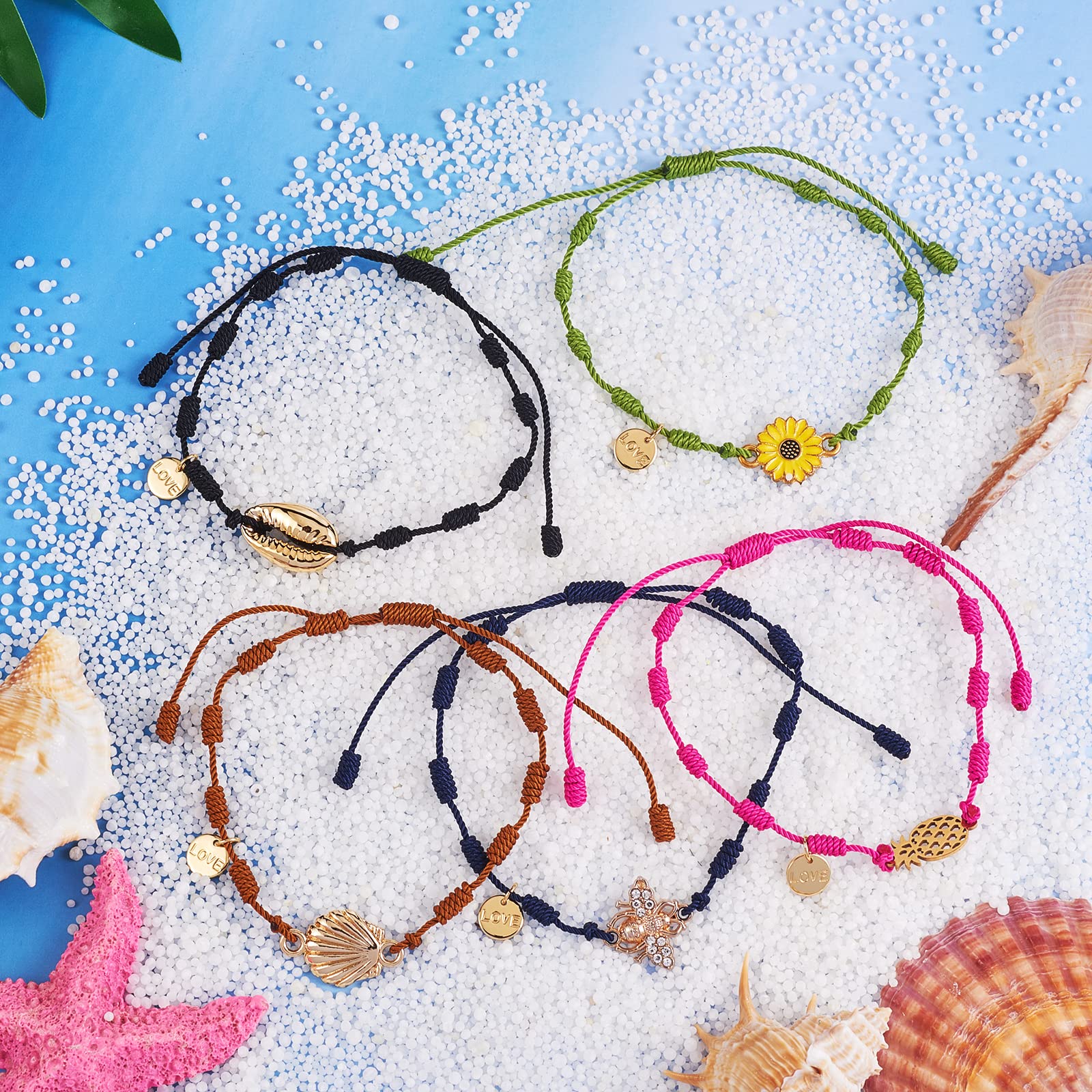 Ornaland 5-Piece Braided Knot Bracelets Set - Natural Shell Flower, Pineapple & Bee Charms with Love Word Disc - Boho Beach Jewelry for Women | Perfect for Summer Outfits, Gifts & Layered Bracelet Stacks