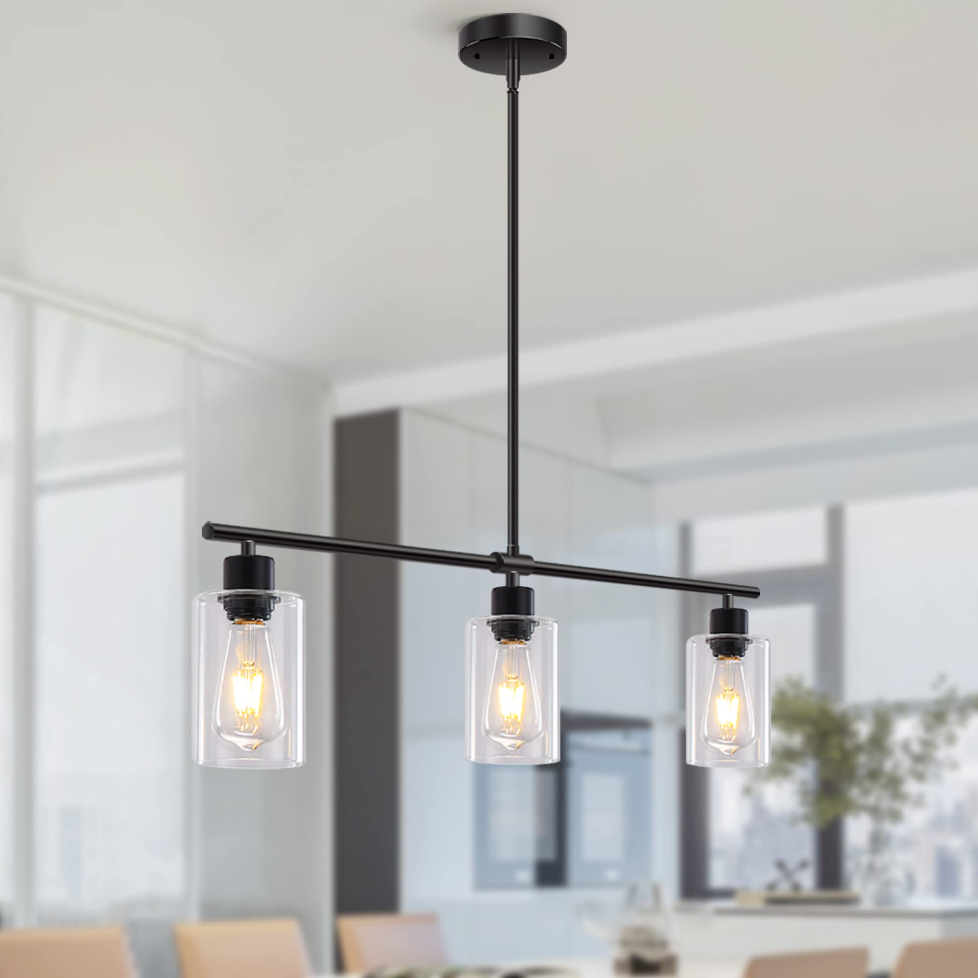Modern Black 3-Light Linear Chandelier - Rectangle Pendant Lighting Fixture with Glass Shades for Kitchen Island, Dining Room & Farmhouse Decor | Perfect for Breakfast Nooks, Open Concept Kitchens and Rustic Dining Areas