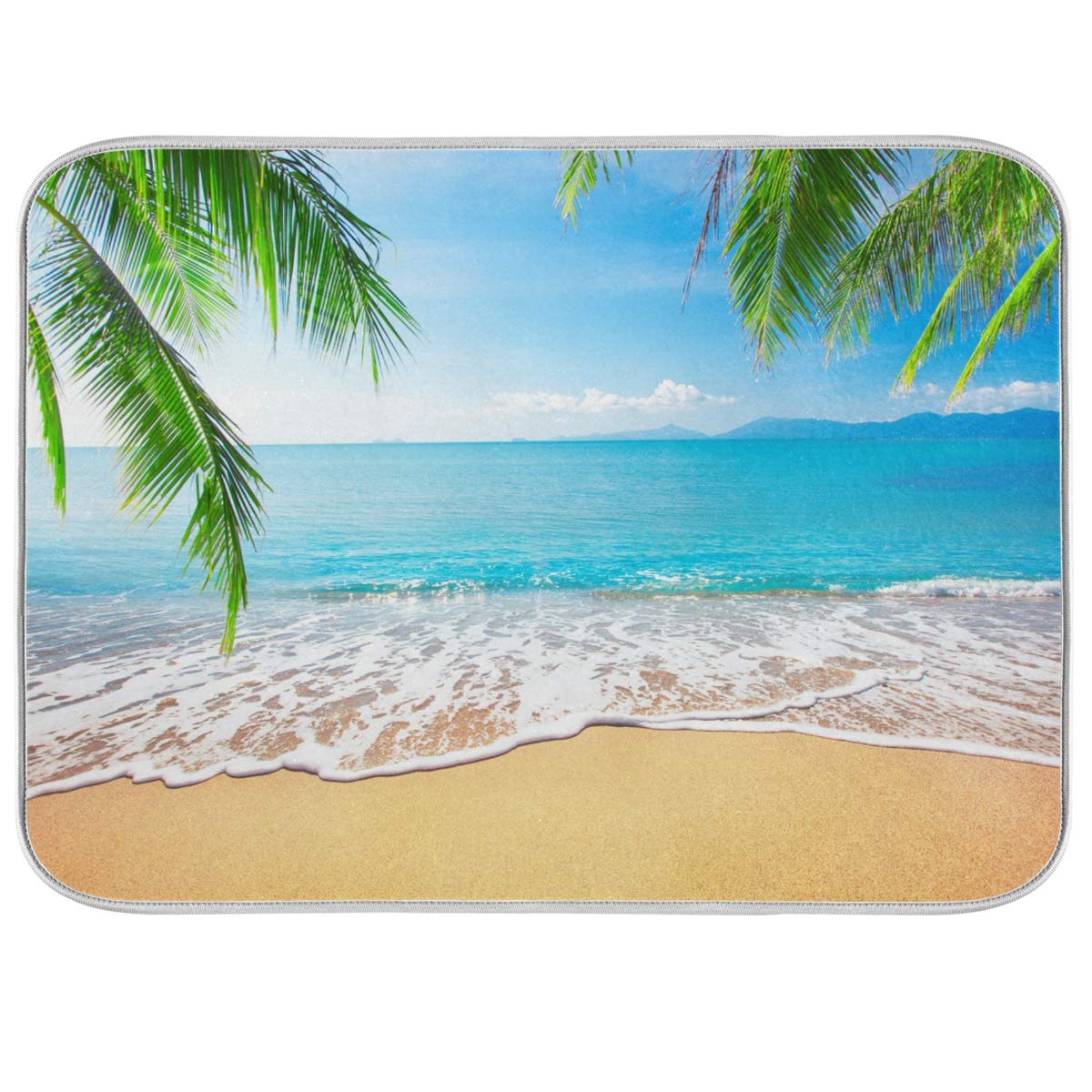 18x24 Inch Absorbent Quick-Drying Kitchen Dish Drying Mat - Palm & Tropical Beach Design, Machine Washable for Countertops, Sinks & Dish Racks