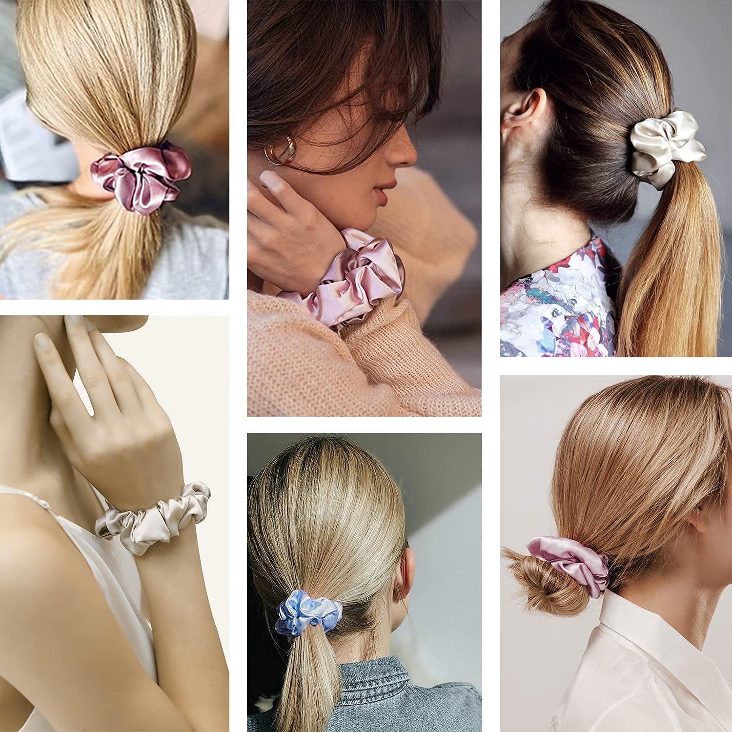 ALIBA COLLECTION Satin Hair Scrunchies - 6 Pack Soft Elastic Hair Ties for Women, Gentle No Pull Hair Bands for Thick & Thin Hair - Perfect for Workout, Yoga, Sleep & Everyday Use