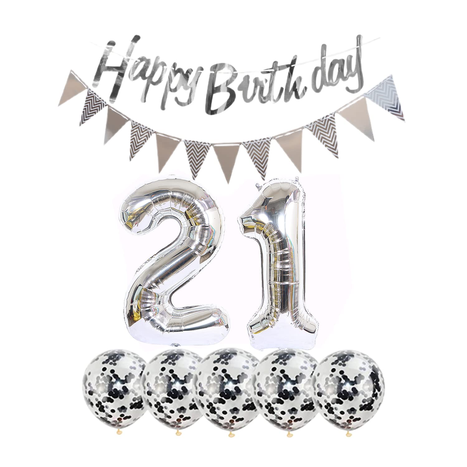 21st Birthday Decorations Set - 2 Number 21 Balloons, Happy Birthday Garland, Silver Foil Banner & 5 Confetti Balloons for Boy/Girl 21 Year Party | Perfect for Birthday Celebrations, Photo Backdrops & Milestone Events