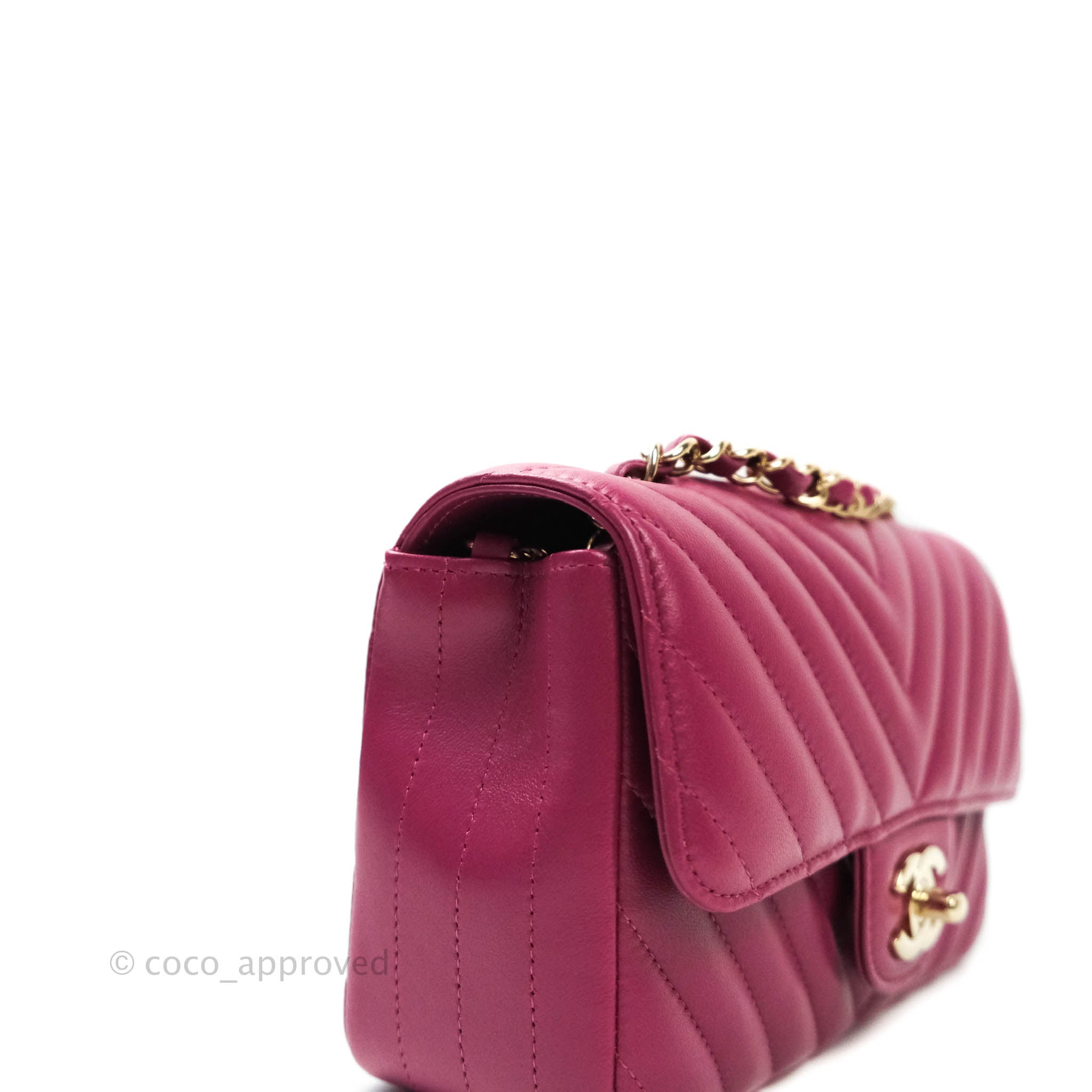 Chanel Chevron Mini Rectangular Lambskin Flap Bag in Dark Pink with Gold Hardware - Perfect for Evening Events & Luxury Fashion Accessories