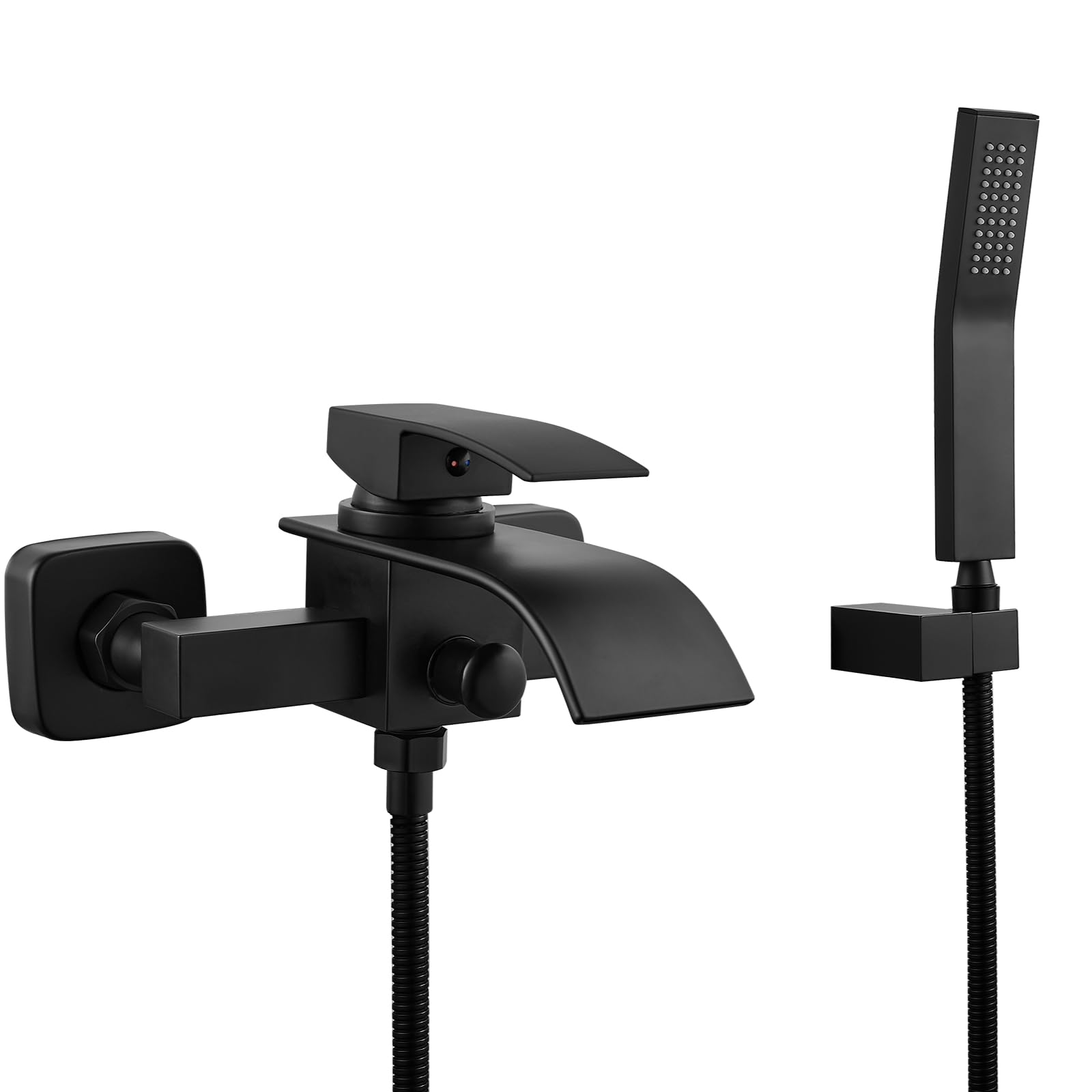 Midanya Matte Black Wall Mount Bathtub Faucet with Handheld Shower - Single Handle Waterfall Tub Filler, Curved Spout Bath Mixer Tap for Commercial & Residential Bathrooms - Perfect for Spa, Hotel and Home Renovation