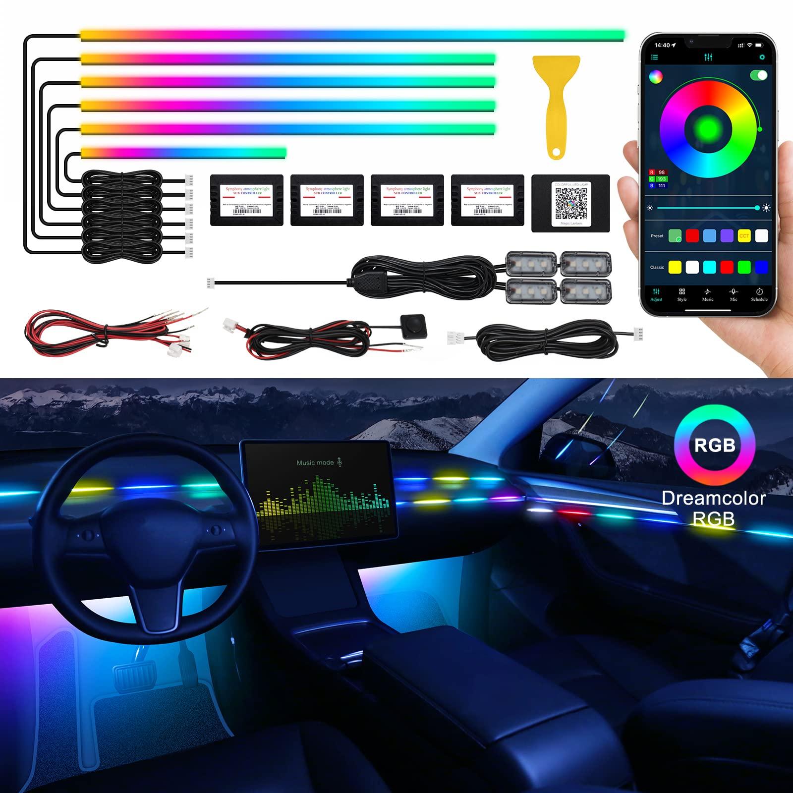 Dreamcolor Acrylic Interior Car LED Strip Light - Wireless APP Control, RGB 10-in-1 with 175 inches 593 LEDs Fiber Optic Ambient Lighting Kit - 16 Million Colors & Sound Active Function for Cars, Trucks, SUVs - Perfect for Night Driving, Car Shows & Custom Interior Lighting