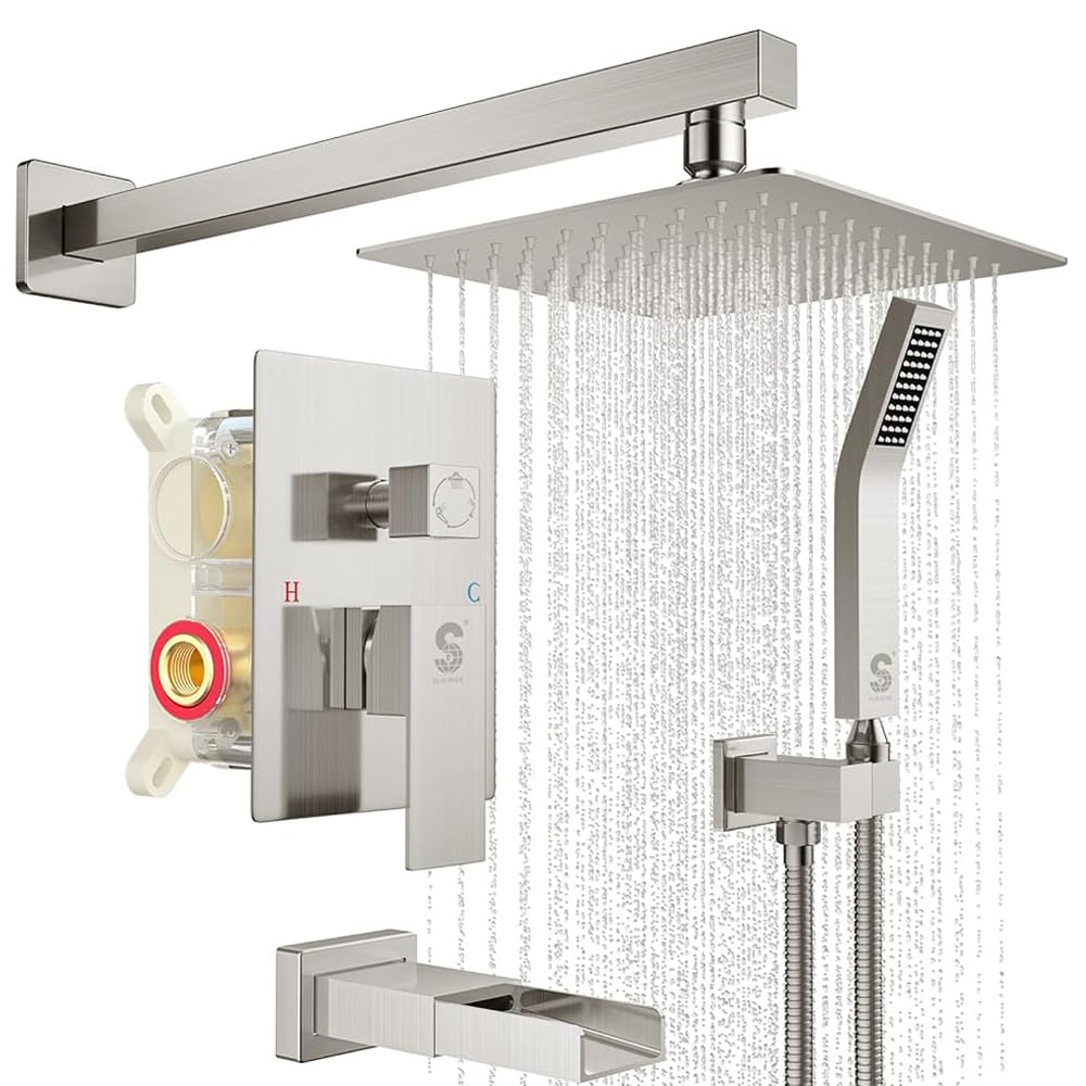 SR SUN RISE 8 Inch All Metal Square Shower System with Tub Spout - Brushed Nickel Finish - High Pressure Rain Shower Head & Handheld Sprayer - Complete Bathroom Faucet Set with Valve - Perfect for Modern Home Renovation and Luxury Spa Experience