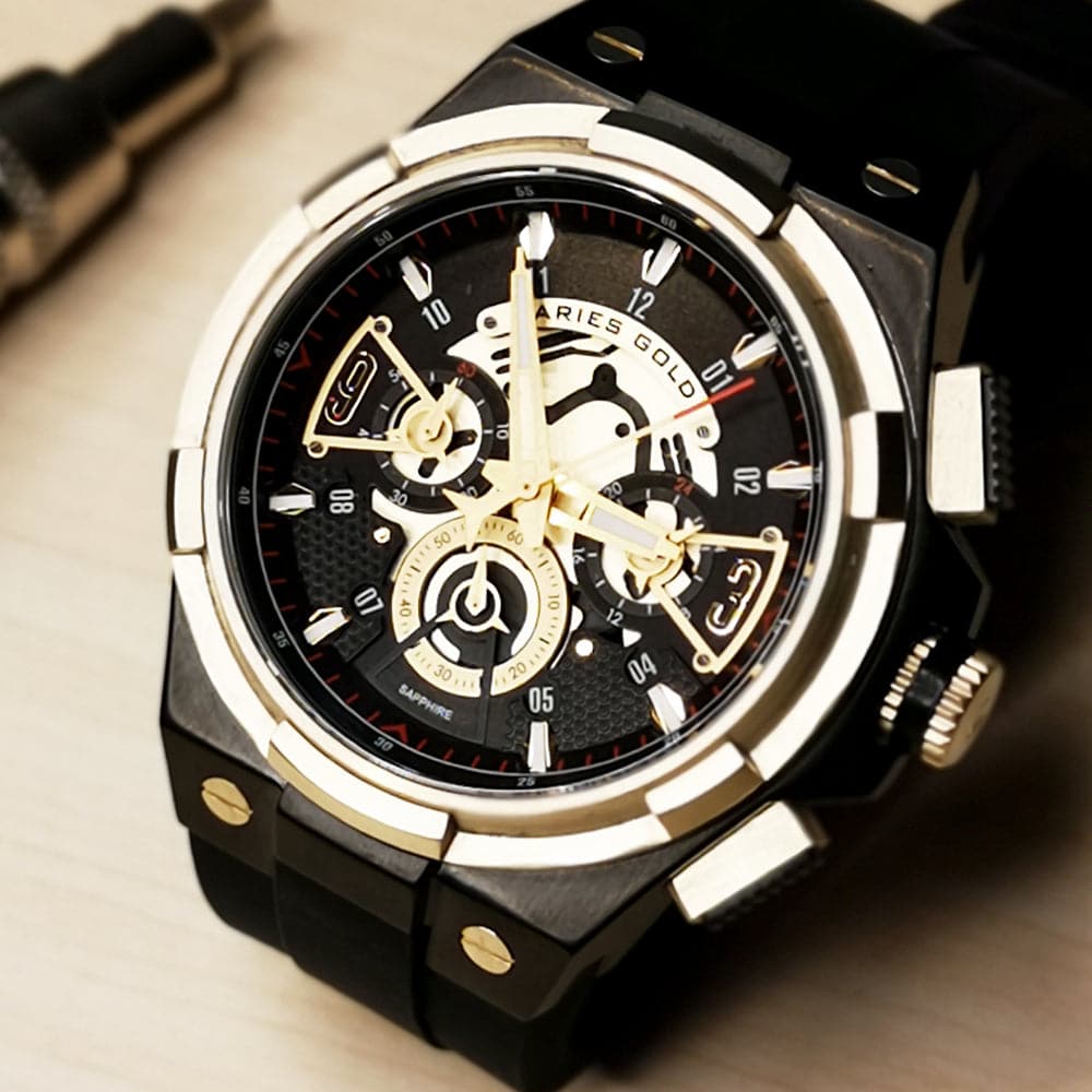 ARIES GOLD Chronograph Men's Watch with High-Tech Black Silicon Strap - Model G 7016 BKG - Perfect for Business, Casual & Sports Wear